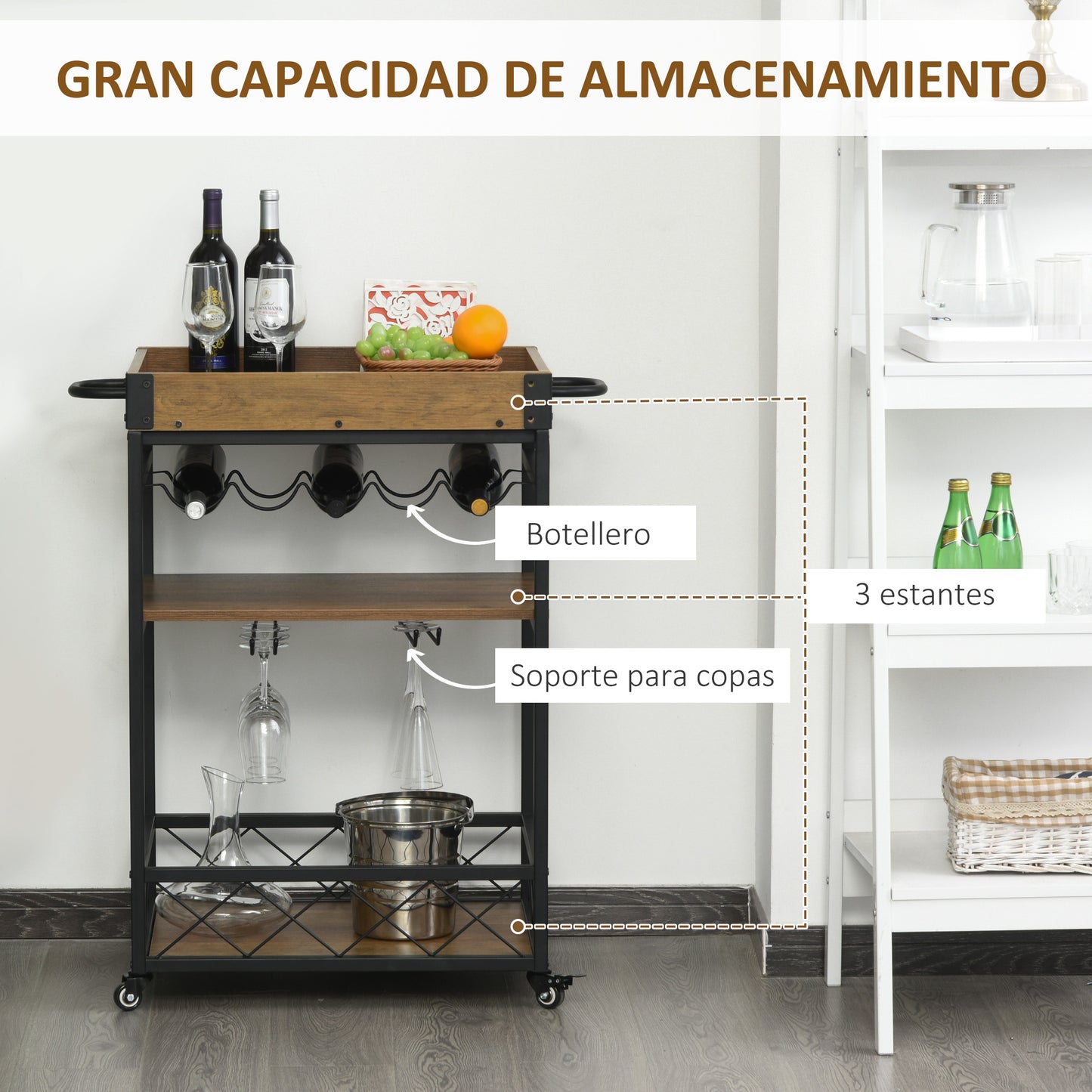 HOMCOM Carro de Cocina Carrito de Servicio Móvil Multiusos con 3 Estantes Bandeja Botellero Soporte Copas y barra para Comedor 77x44,5x91 cm Madera Rústica