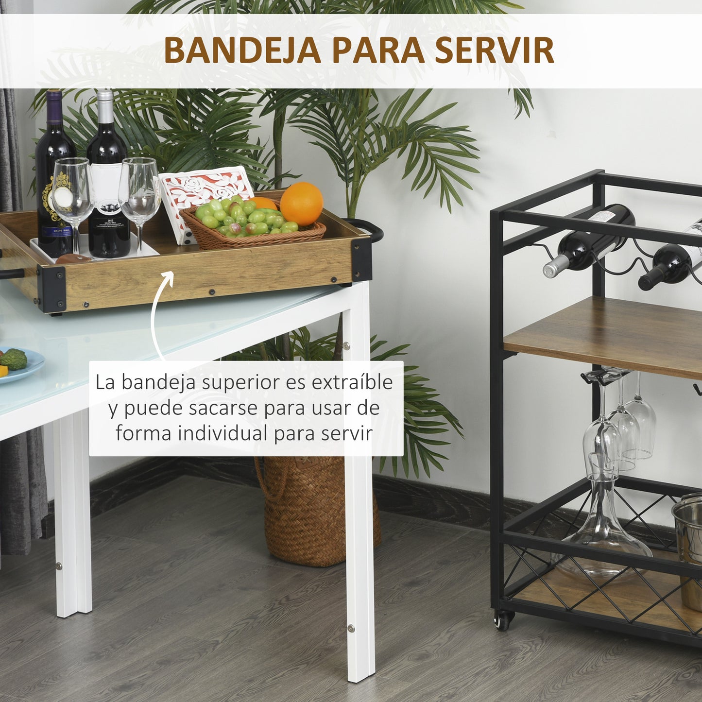 HOMCOM Carro de Cocina Carrito de Servicio Móvil Multiusos con 3 Estantes Bandeja Botellero Soporte Copas y barra para Comedor 77x44,5x91 cm Madera Rústica