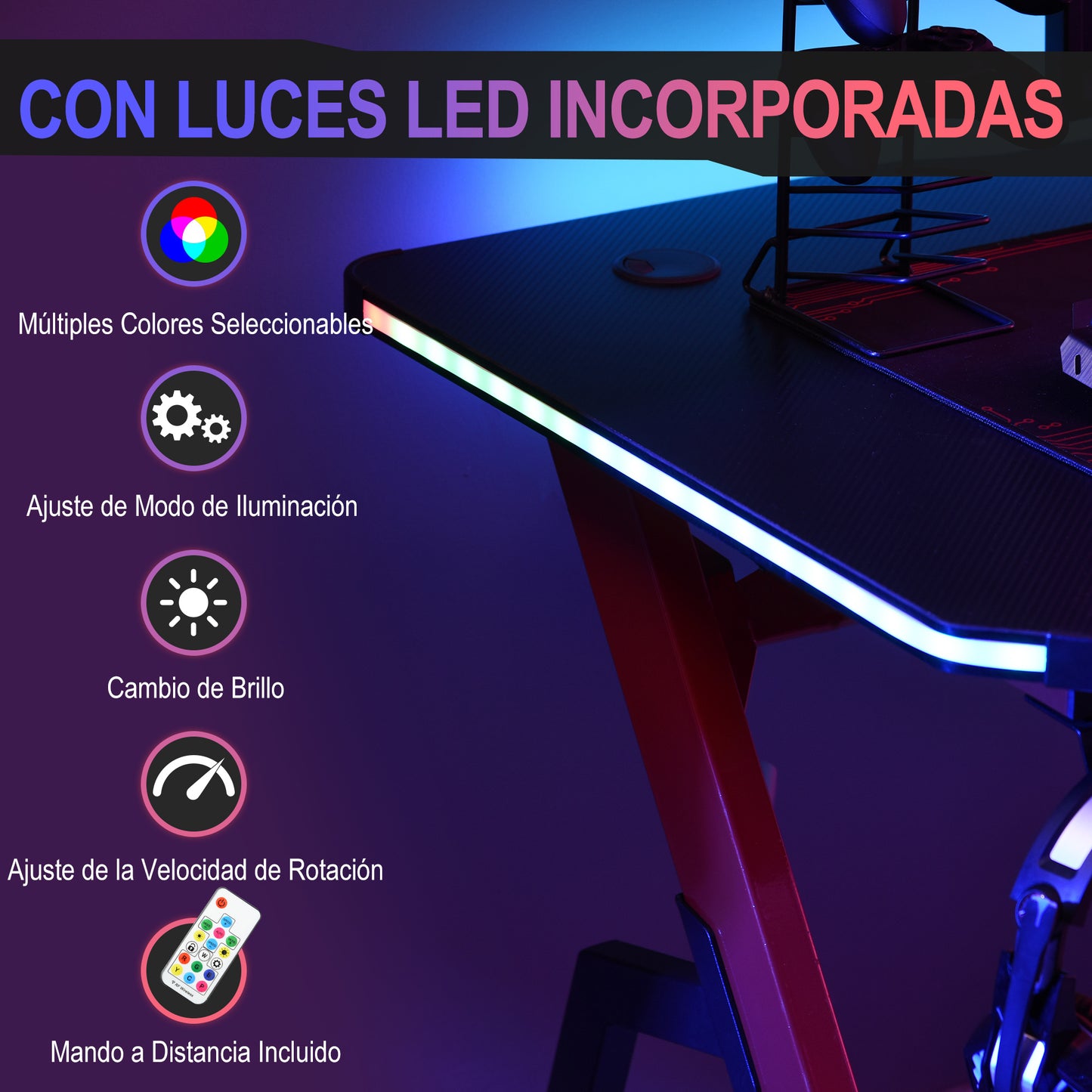 HOMCOM Mesa Gaming 120x66x76 cm con Luz LED RGB y Control Remoto Escritorio Gaming Desk con Portavasos Gancho para Auriculares Soporte para Mandos Gamepad Fibra de Carbono Negro y Rojo