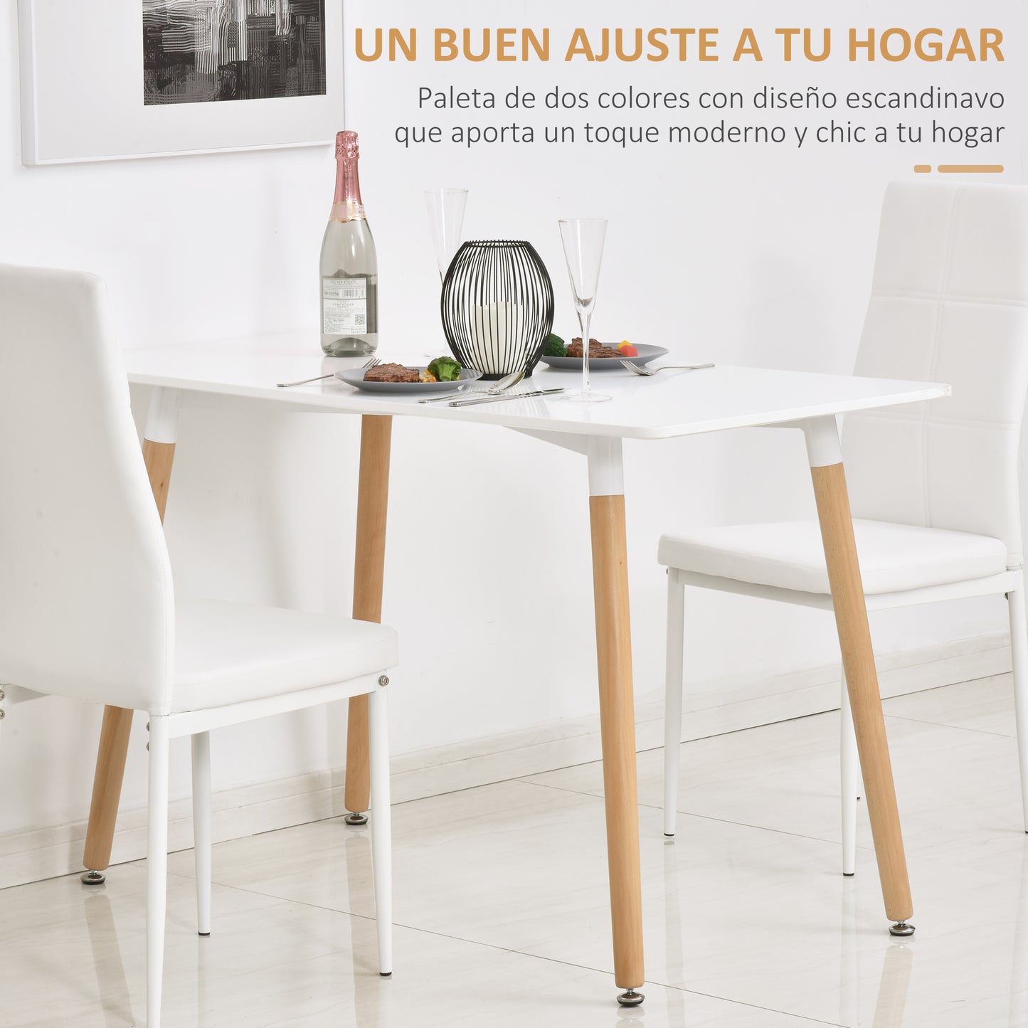 HOMCOM Mesa de Comedor Estilo Nórdico Mesa de Cocina con Patas de Madera de Haya Estructura de Metal 120x60x75 cm Blanco