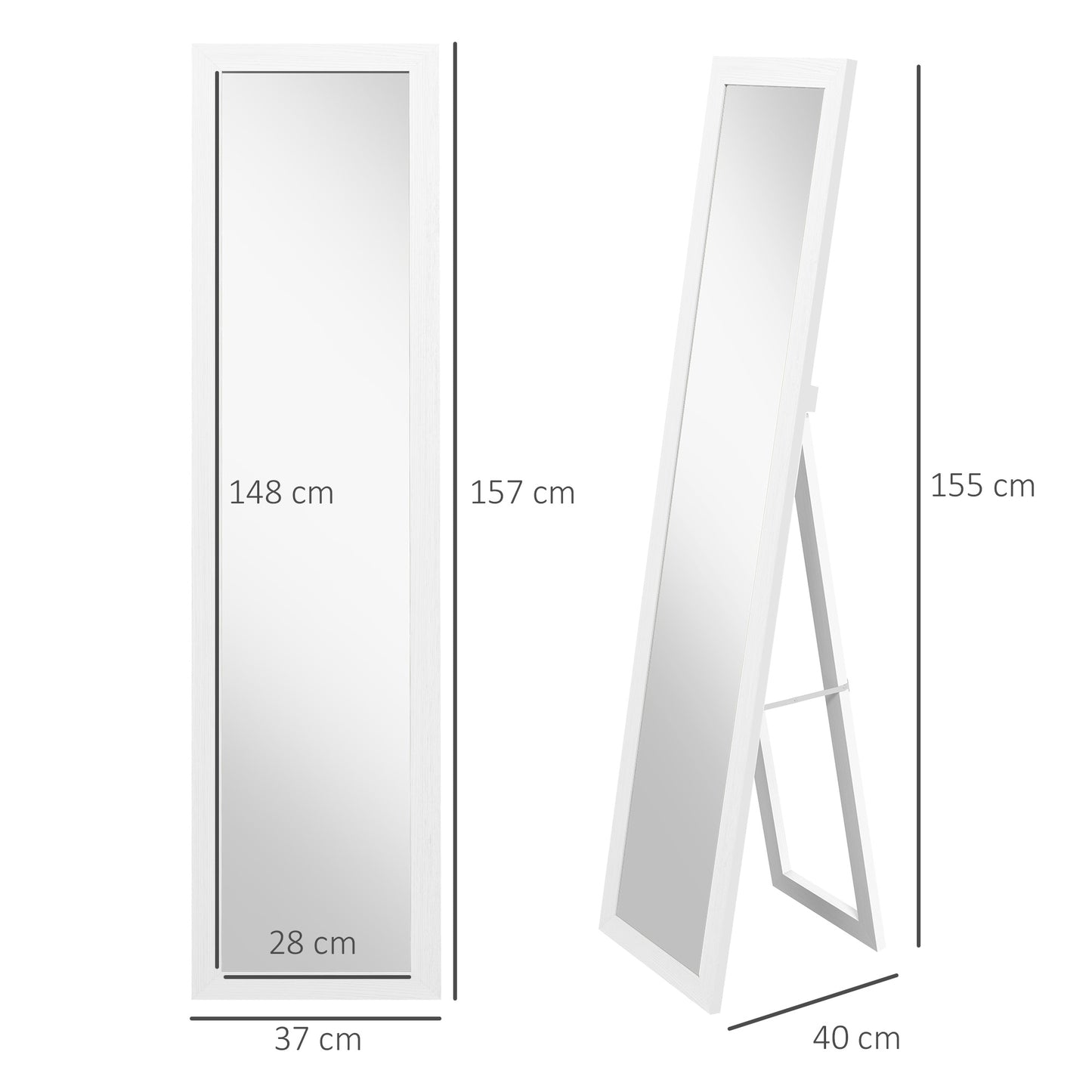 HOMCOM Espejo de Cuerpo Entero 37x157 cm Espejo de Pie Espejo de Pared Forma Rectangular con Marco de Madera Decorativo para Salón Dormitorio Pasillo Blanco