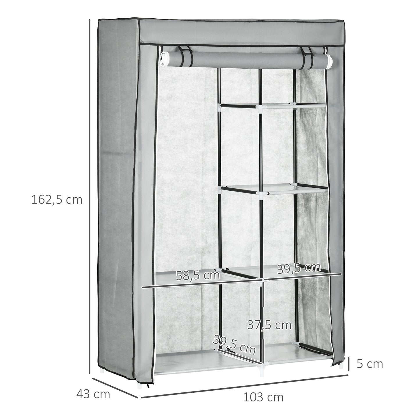 HOMCOM Armario de Tela Plegable Armario de Ropa Organizador Ropero Portátil con Estantes y Barra para Colgar para Dormitorio Vestidor 103x43x162,5 cm Gris