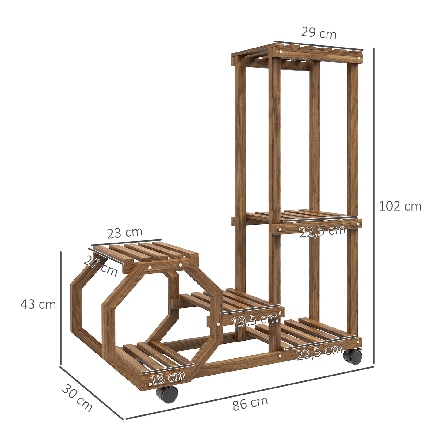 Outsunny Estantería para Plantas de 5 Niveles Soporte para Macetas de Madera Soporte para Plantas con Ruedas para Interiores y Exteriores 86x30x102 cm Carbonizado