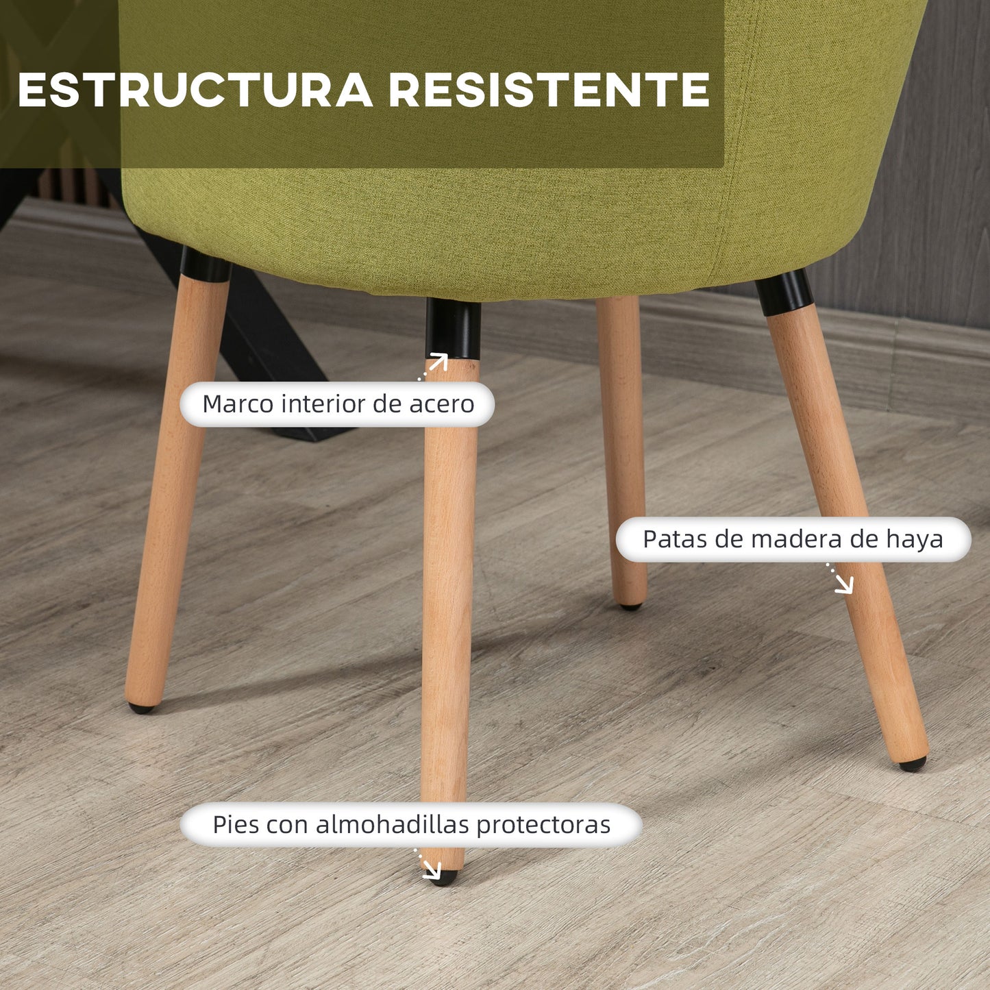 HOMCOM Silla de Comedor Butaca de Salón Tapizada en Lino Sintético con Reposabrazos y Patas de Madera para Oficina Dormitorio Carga 120 kg 57x56x72 cm Verde