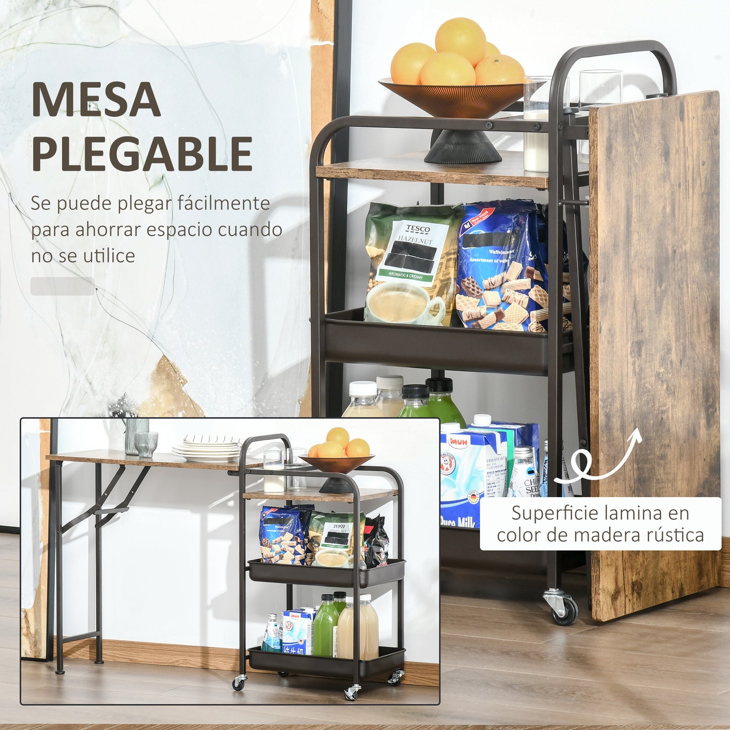 HOMCOM Carro de Cocina con Ruedas Carrito Auxiliar con Estantes de 3 Niveles Hoja Abatible y 2 Portavasos Multiusos para Comedor 118x36,5x82 cm Marrón Rústico