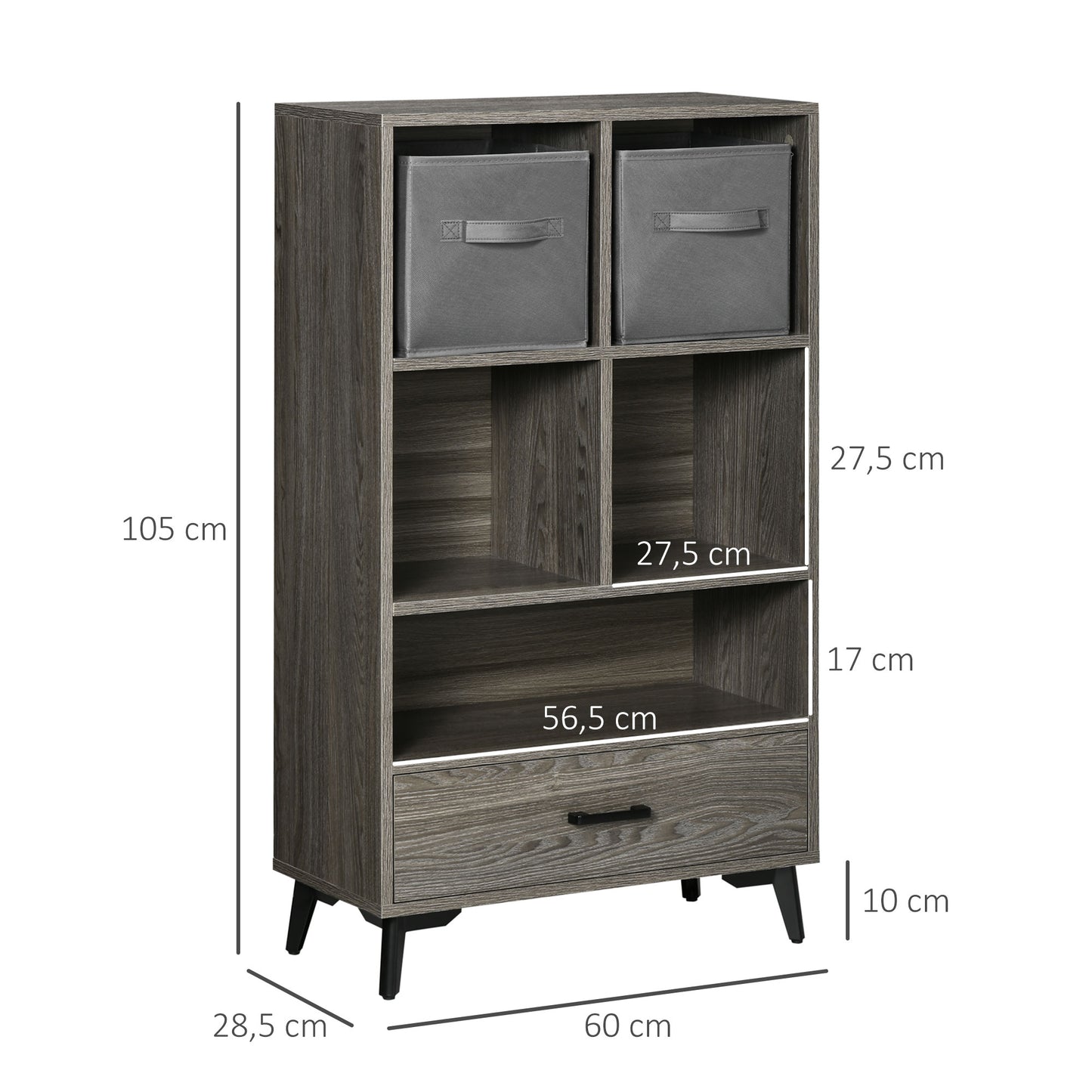 HOMCOM Librería para Libros Armario de Entrada con 2 Cajones de Tela Extraíbles y 5 Compartimientos de Almacenaje Armario de Salón para Oficina Dormitorio Estilo Moderno 60x28,5x105 cm Gris