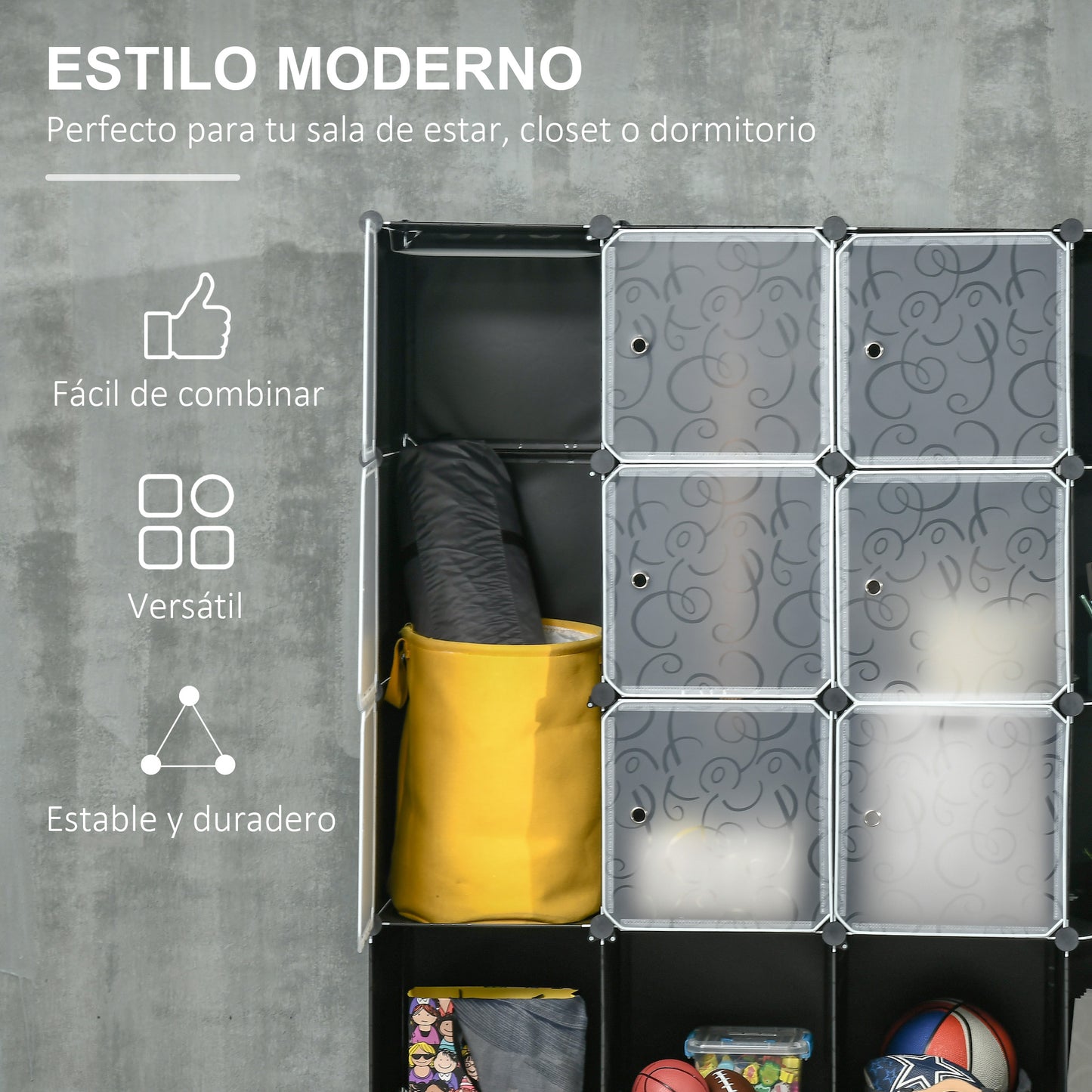 HOMCOM Armario Modular de Plástico Armario Portátil con 16 Cubos y 2 Barras Organizador de Zapatos Ropas Juguetes para Entrada Pasillo Dormitorio Negro y Blanco