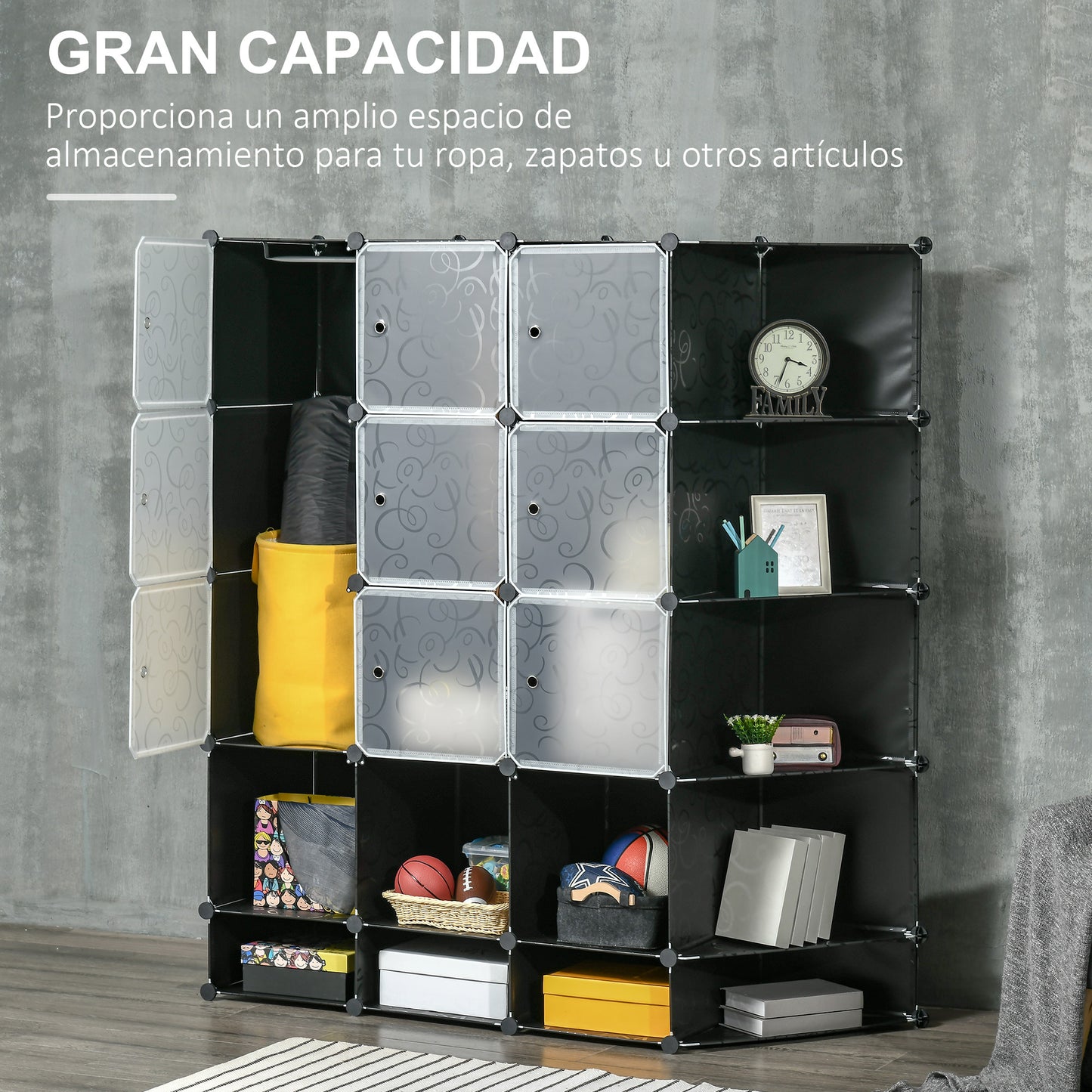 HOMCOM Armario Modular de Plástico Armario Portátil con 16 Cubos y 2 Barras Organizador de Zapatos Ropas Juguetes para Entrada Pasillo Dormitorio Negro y Blanco