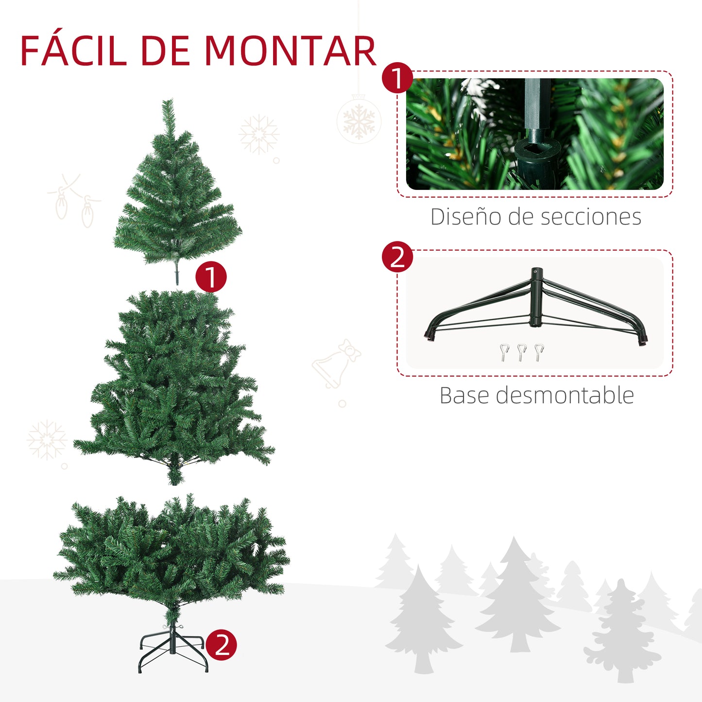 HOMCOM Árbol de Navidad 180cm Artificial Árboles Decoración Navideña con 1000 Ramas Soporte Metal