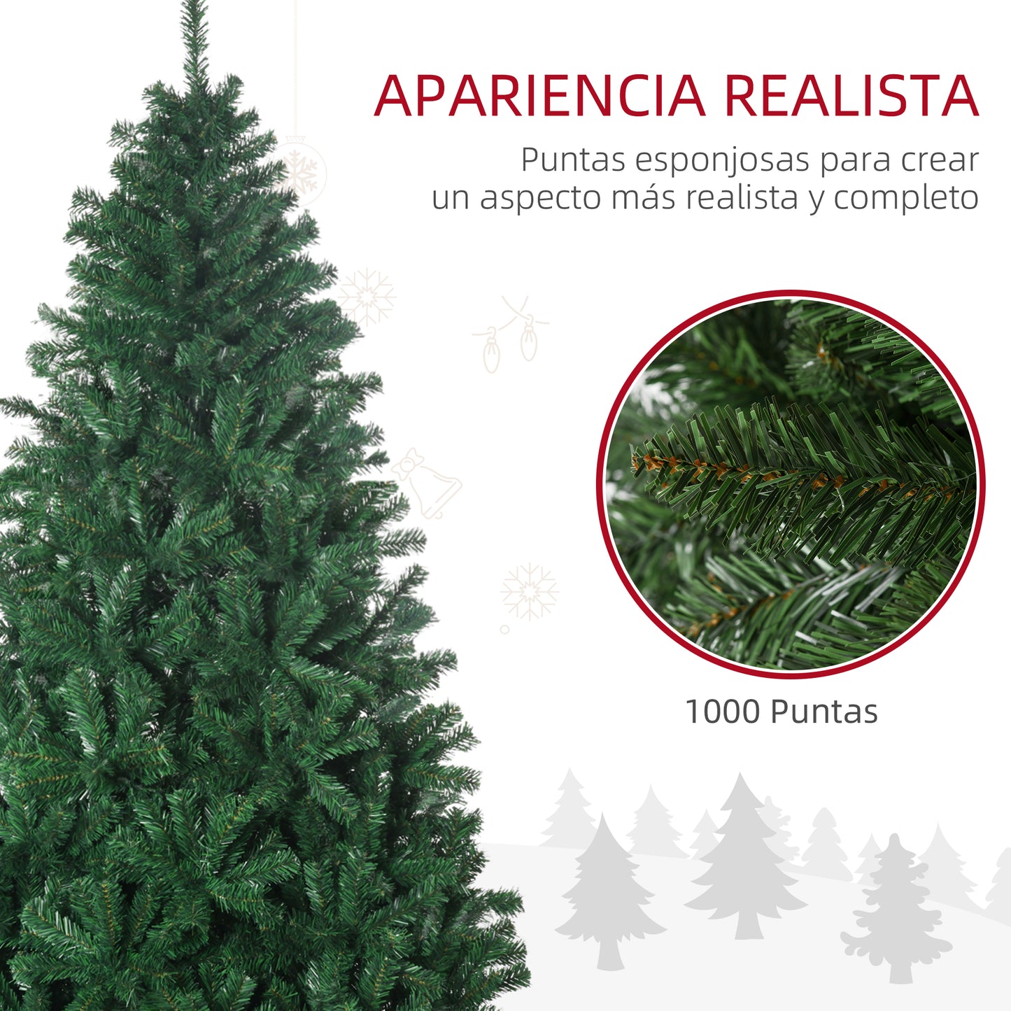 HOMCOM Árbol de Navidad 180cm Artificial Árboles Decoración Navideña con 1000 Ramas Soporte Metal