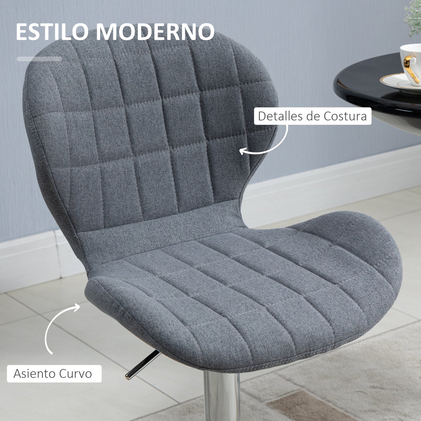 HOMCOM Juego de 2 Taburetes de Bar Modernos Taburetes Altos de Cocina Giratorios con Altura Ajustable Reposapiés y Base de Acero 47x53,5x94-113 cm Gris