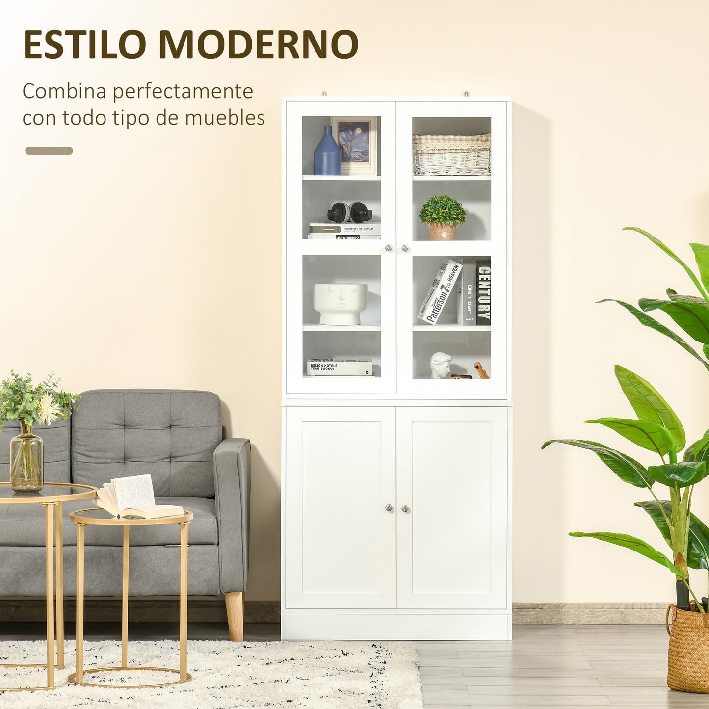 HOMCOM Vitrina Armario de Libros con 4 Puertas y Estantes Ajustables Estilo Moderno Armario de Cocina para Salón Cocina Oficina Dormitorio 76x40x178,5 cm Blanco