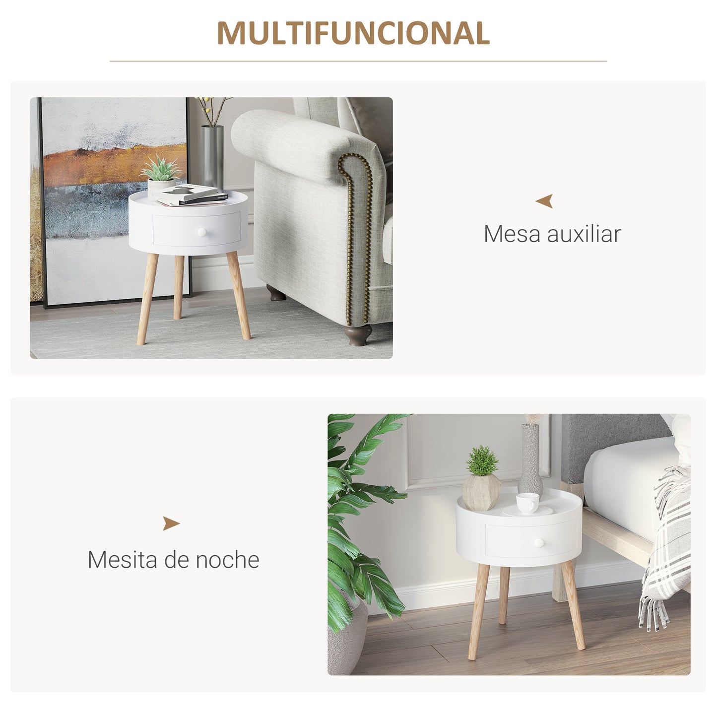 HOMCOM Mesita de Noche con 1 Cajón Mesa Auxiliar Redonda con Borde Elevado y 3 Patas de Madera para Dormitorio Sala de Estar Estilo de Moderno Ø38x45 cm Blanco