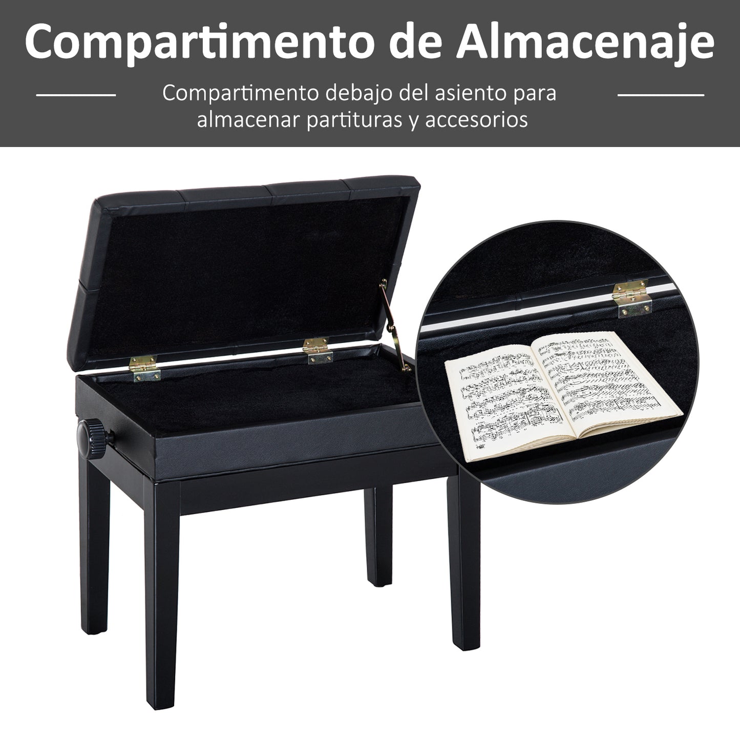 HOMCOM Banco de Piano Taburete Piano con Espacio de Almacenamiento Altura Regulable