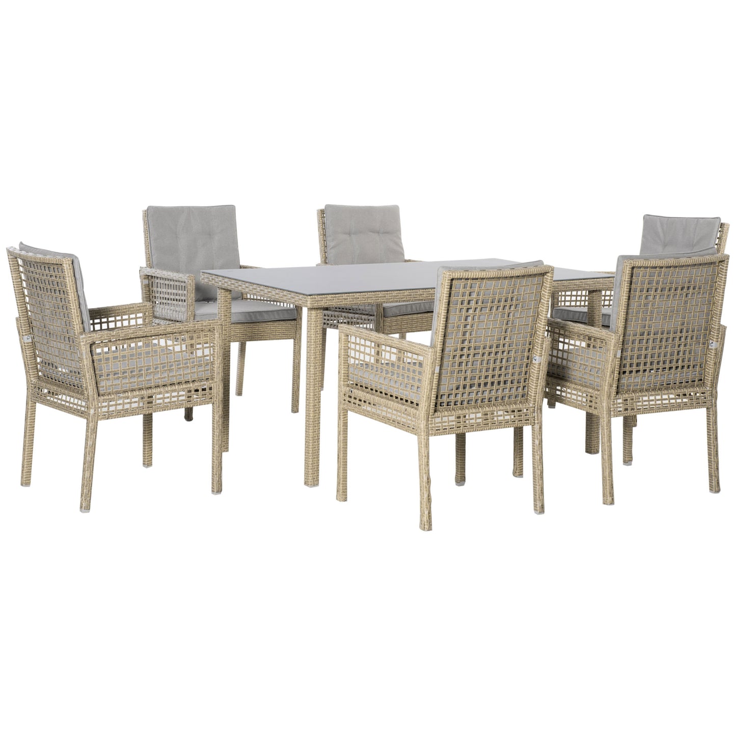 Outsunny Conjunto de Muebles de Comedor para Jardín 7 Piezas 1 Mesa de Vidrio y 6 Sillas de Ratán con Respaldo Transpirable y Cojines Acolchados para Terraza Exterior Gris y Natural