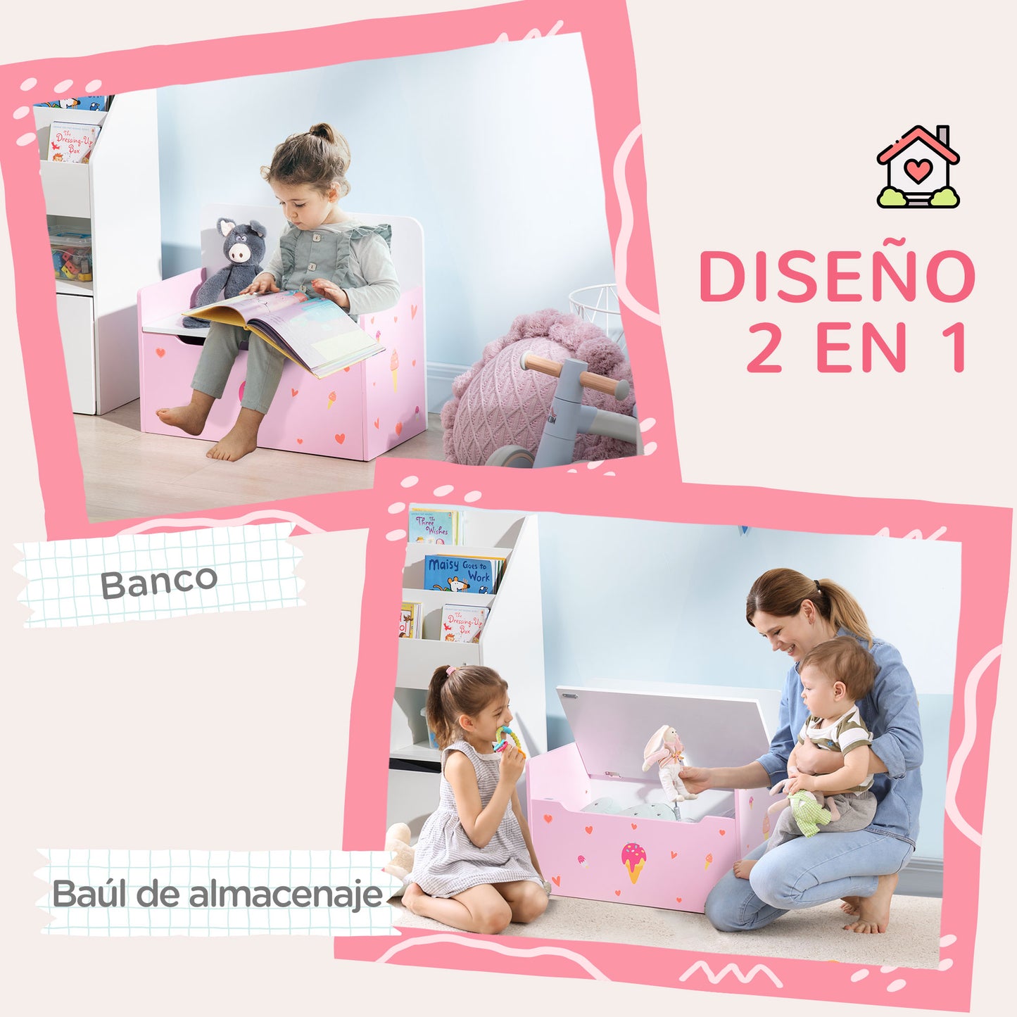 ZONEKIZ 2 en 1 Baúl de Juguetes para Niños de +18 Meses Banco de Almacenaje Infantil con Tapa de Cierre Magnética para Dormitorio Sala de Juego Carga 50 kg 60x30x50 cm Rosa