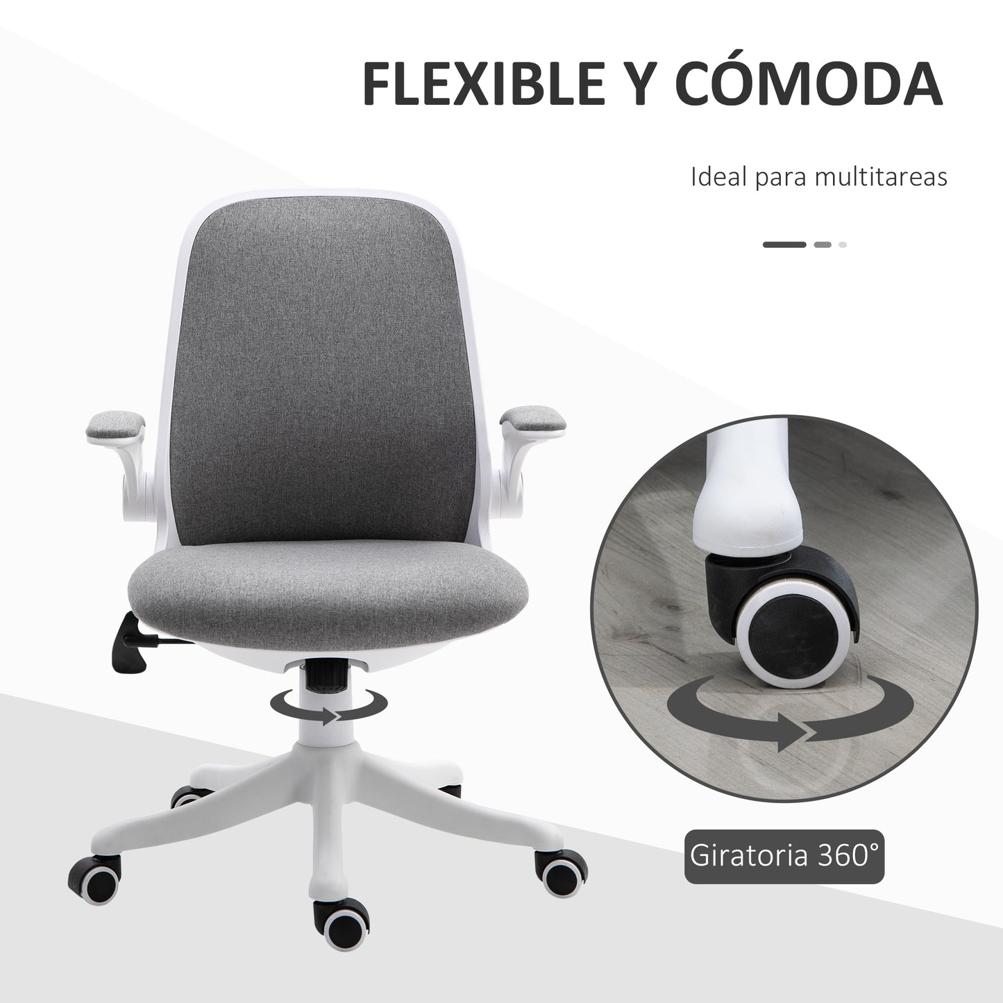 Vinsetto Silla Giratoria de Oficina Silla de Escritorio Basculante Altura Ajustable con Reposabrazos Elevable Carga 120 kg para Despacho Dormitorio 62,5x60x94-104 cm Gris