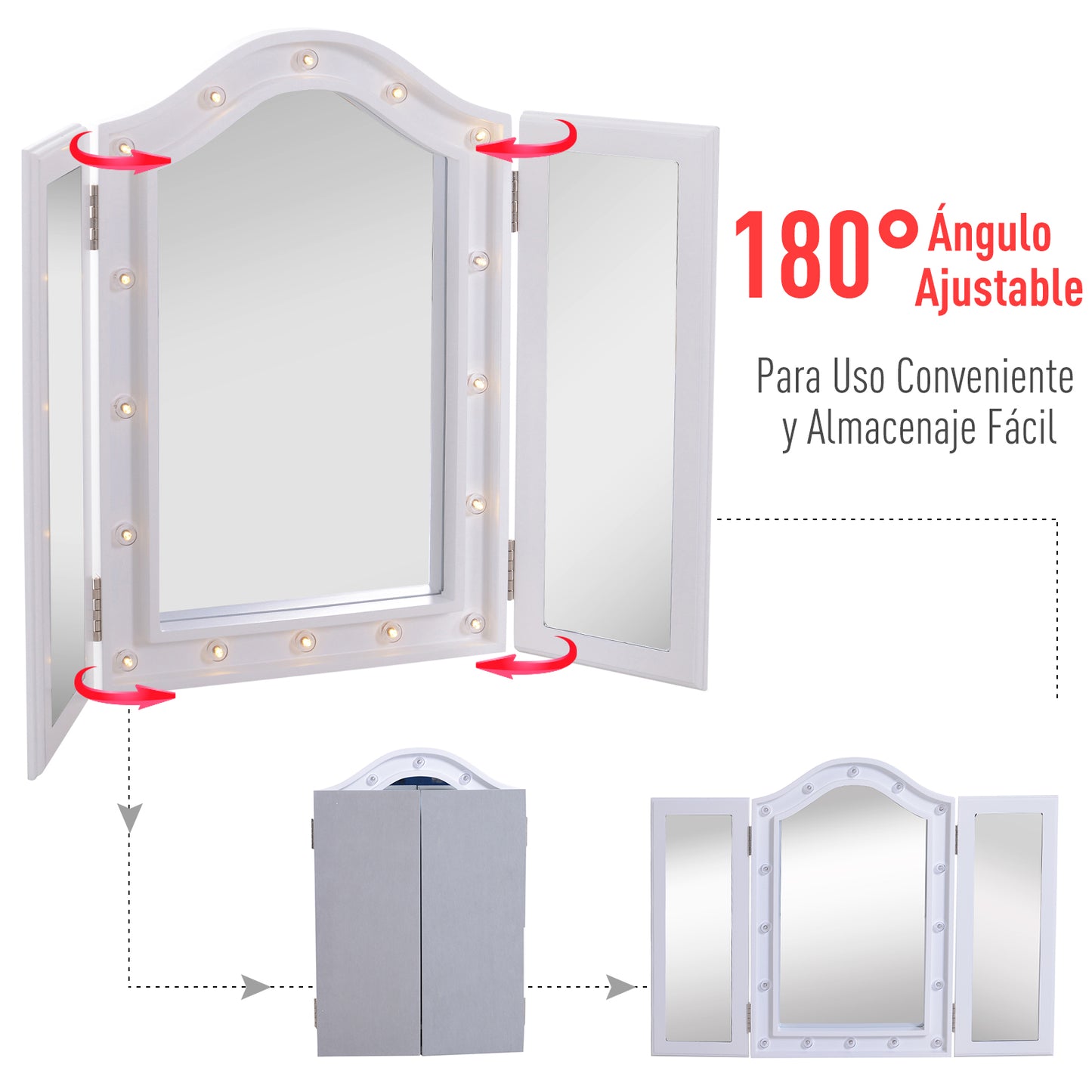 HOMCOM Espejo de Maquillaje con Luz LED Plegable Espejo Triple de Mesa Regalo Original para Mujer Cargo con Batería Espejo Cosmético con Iluminación 73x53.5x4.5cm