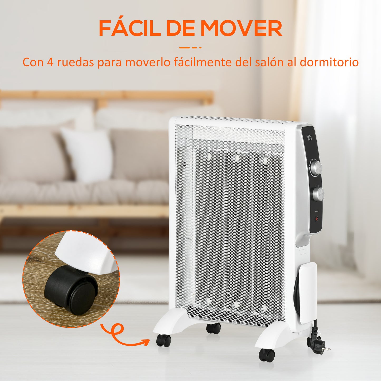 HOMCOM Calefactor Eléctrico 1000W/1500W Radiador de Mica con 2 Niveles de Potencia Termostato Regulable y 4 Ruedas para Sala de 15-18 m² Silencioso 47x26,5x61,5 cm Blanco