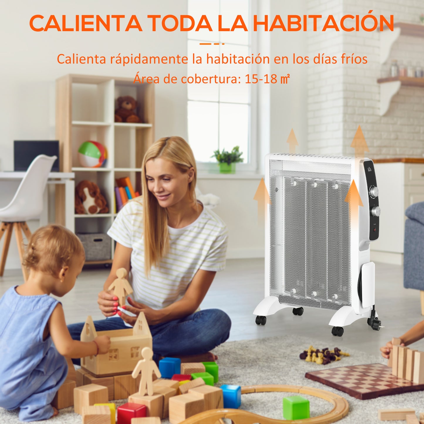 HOMCOM Calefactor Eléctrico 1000W/1500W Radiador de Mica con 2 Niveles de Potencia Termostato Regulable y 4 Ruedas para Sala de 15-18 m² Silencioso 47x26,5x61,5 cm Blanco