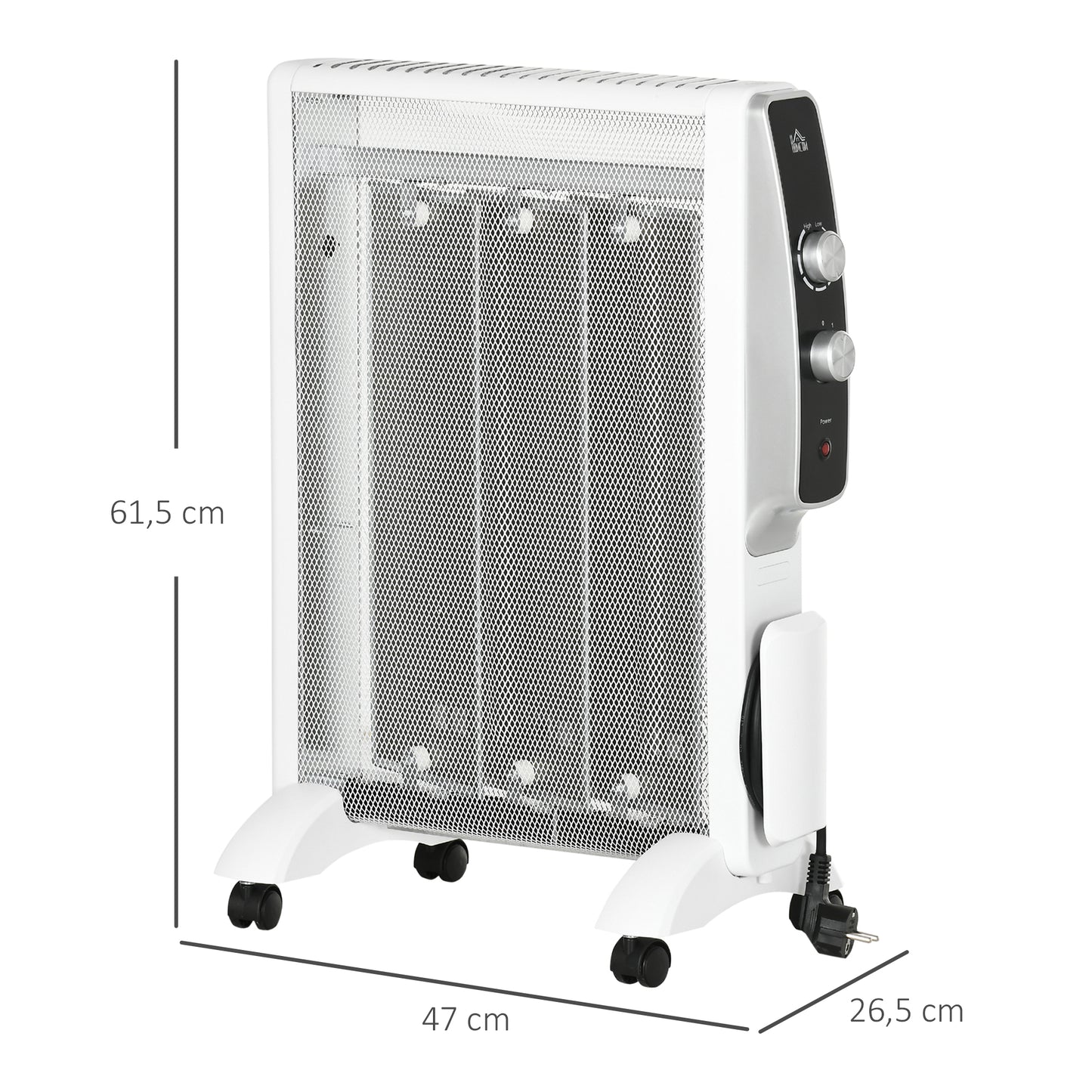 HOMCOM Calefactor Eléctrico 1000W/1500W Radiador de Mica con 2 Niveles de Potencia Termostato Regulable y 4 Ruedas para Sala de 15-18 m² Silencioso 47x26,5x61,5 cm Blanco