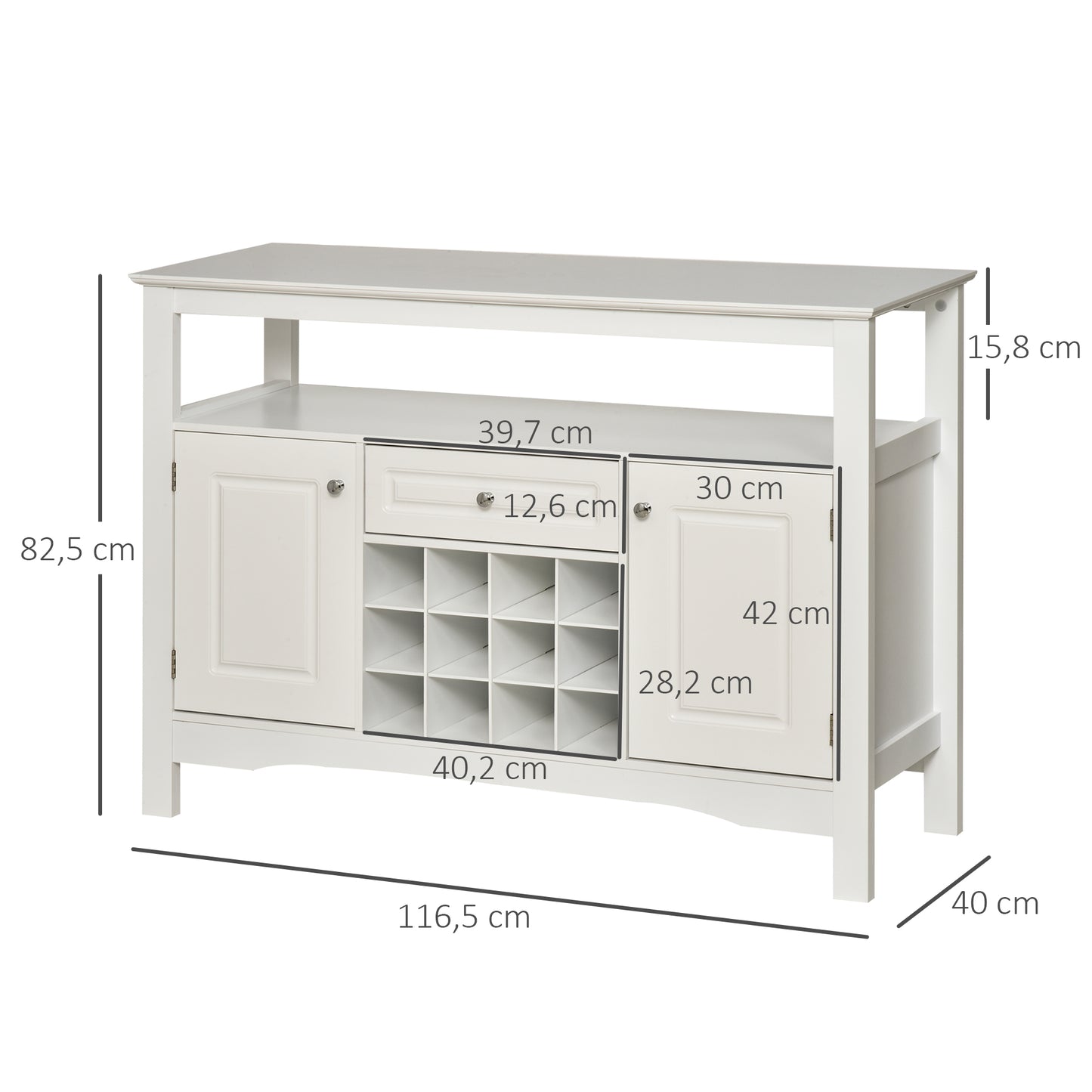 HOMCOM Aparador de Cocina Aparador de Comedor con 1 Cajón 1 Estante Abierto 2 Puertas y Botellero para 12 Botellas Armario de Almacenamiento para Salón 116,5x40x82,5 cm Blanco