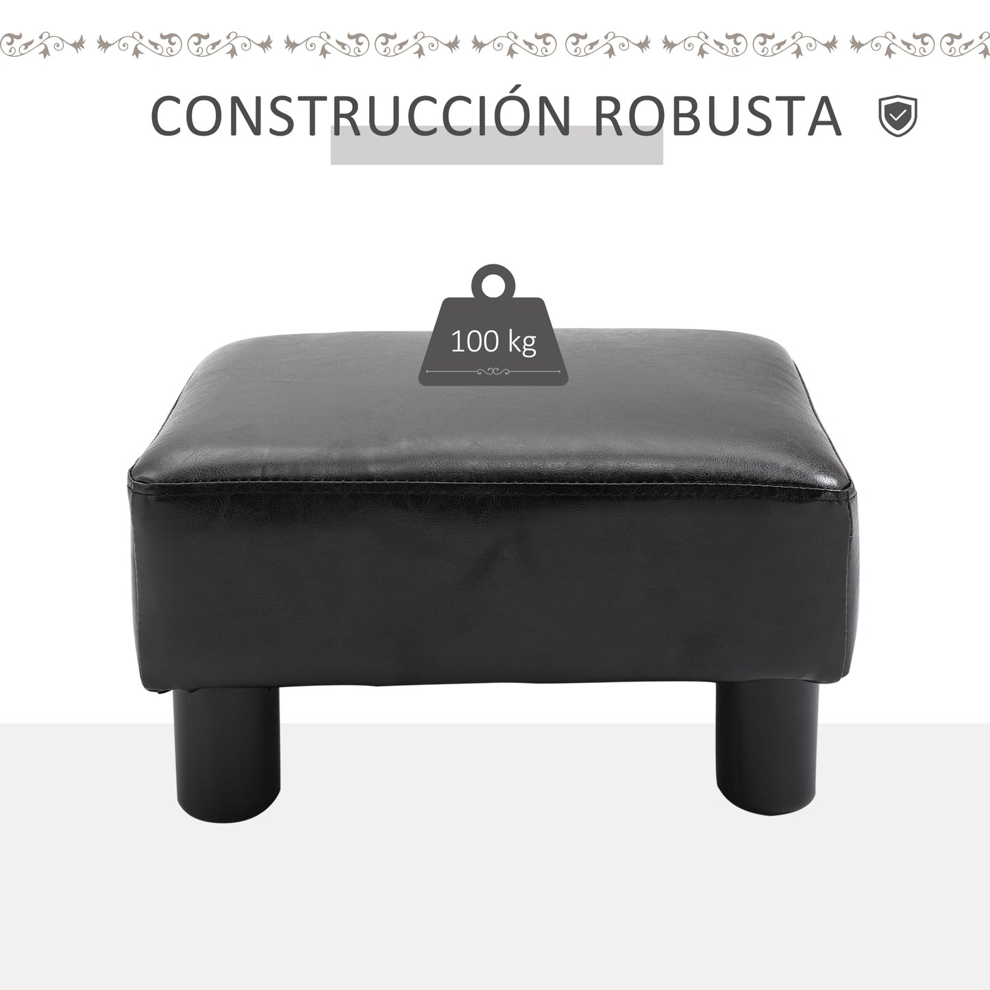 HOMCOM Reposapiés Otomano Taburete Pequeño Tapizado en Piel Sintética con Asiento Acolchado de Espuma y Patas de Plástico para Sofá Dormitorio 40x30x24 cm Negro