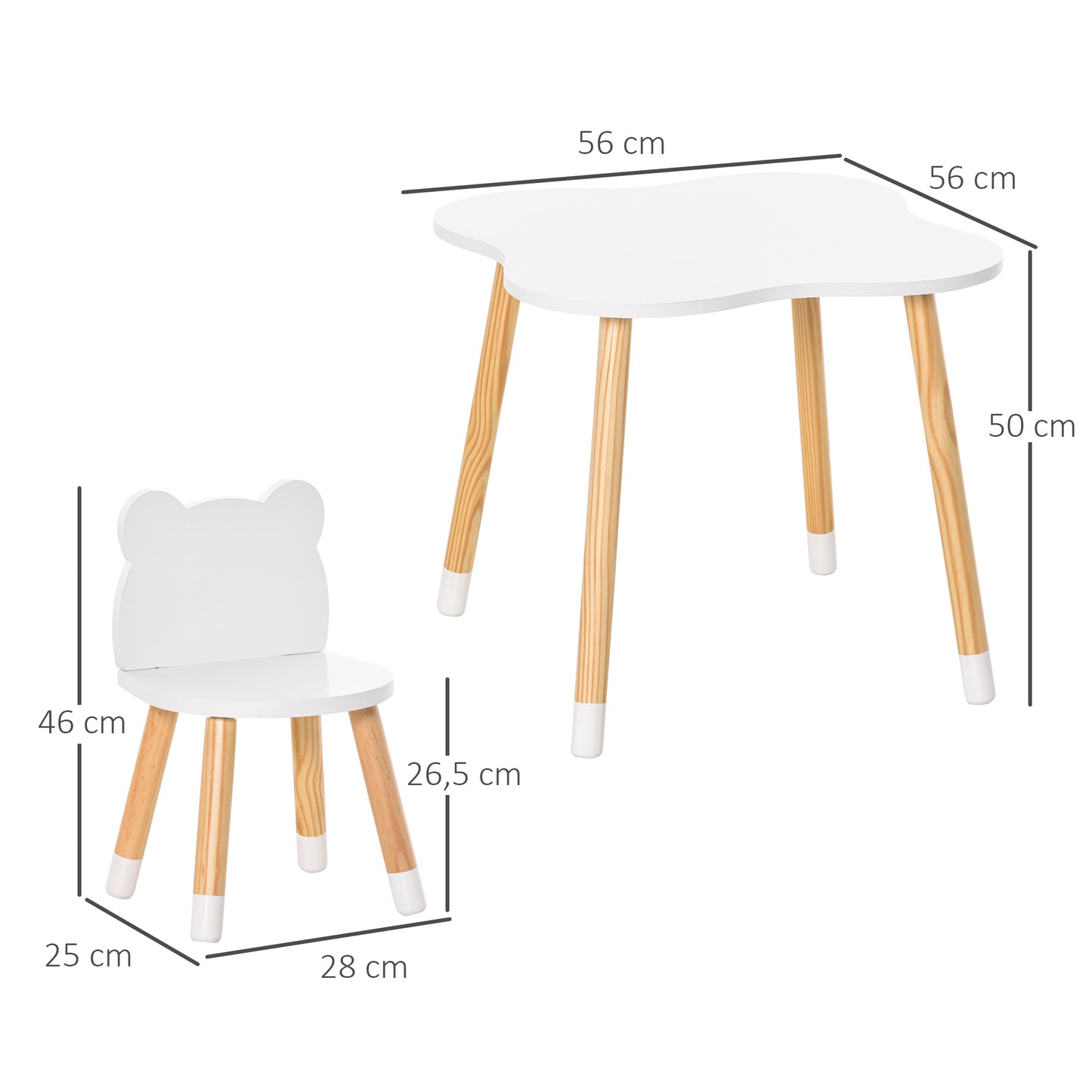 HOMCOM Juego de Mesa Infantil y 2 Sillas de Madera Muebles para Sala de Juego y Dormitorio de Niños Mesa 56x56x50 cm y Sillas 28x25x46 cm Natural y Blanco