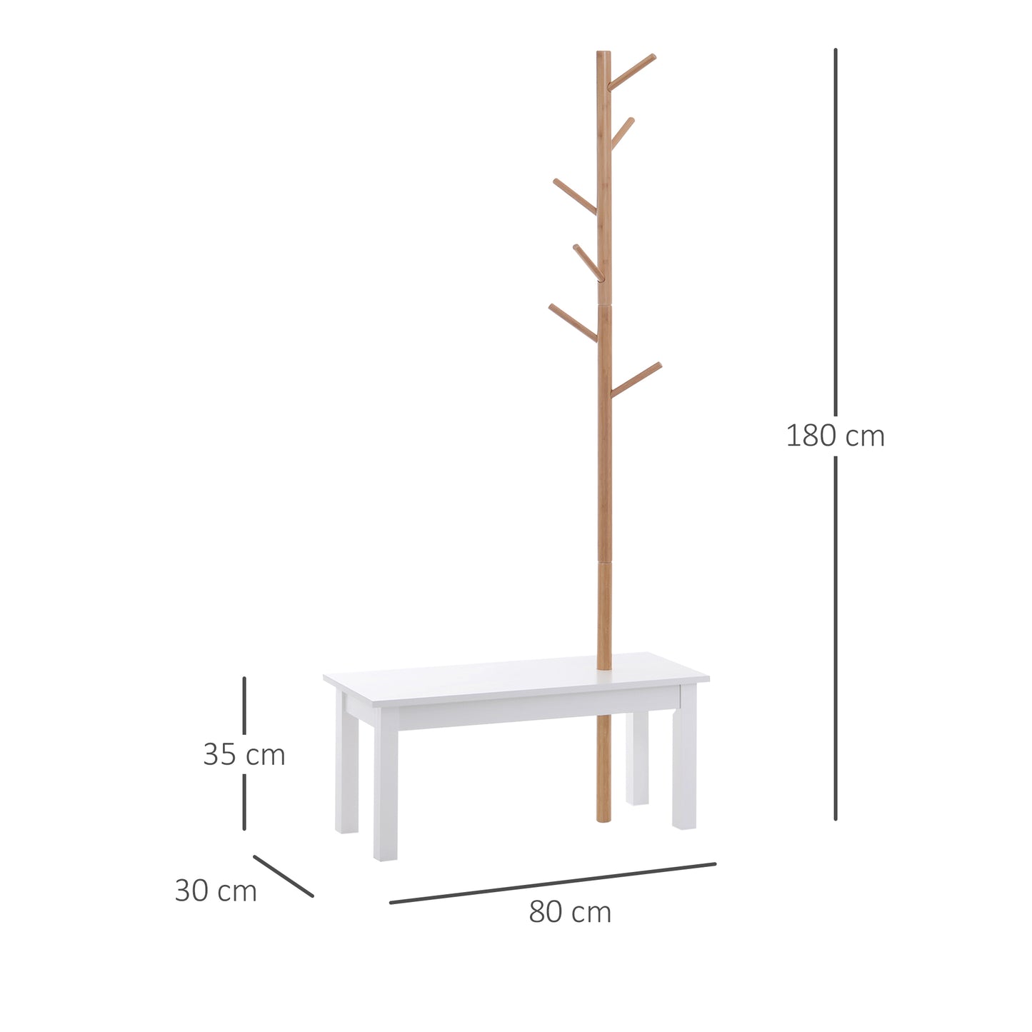 HOMCOM Perchero de Pie con Banco Colgador Tipo Árbol Moderno 6 Ganchos para Colgar Ropa Bolsa Pasillo Entrada Bambú y MDF 80x30x180cm