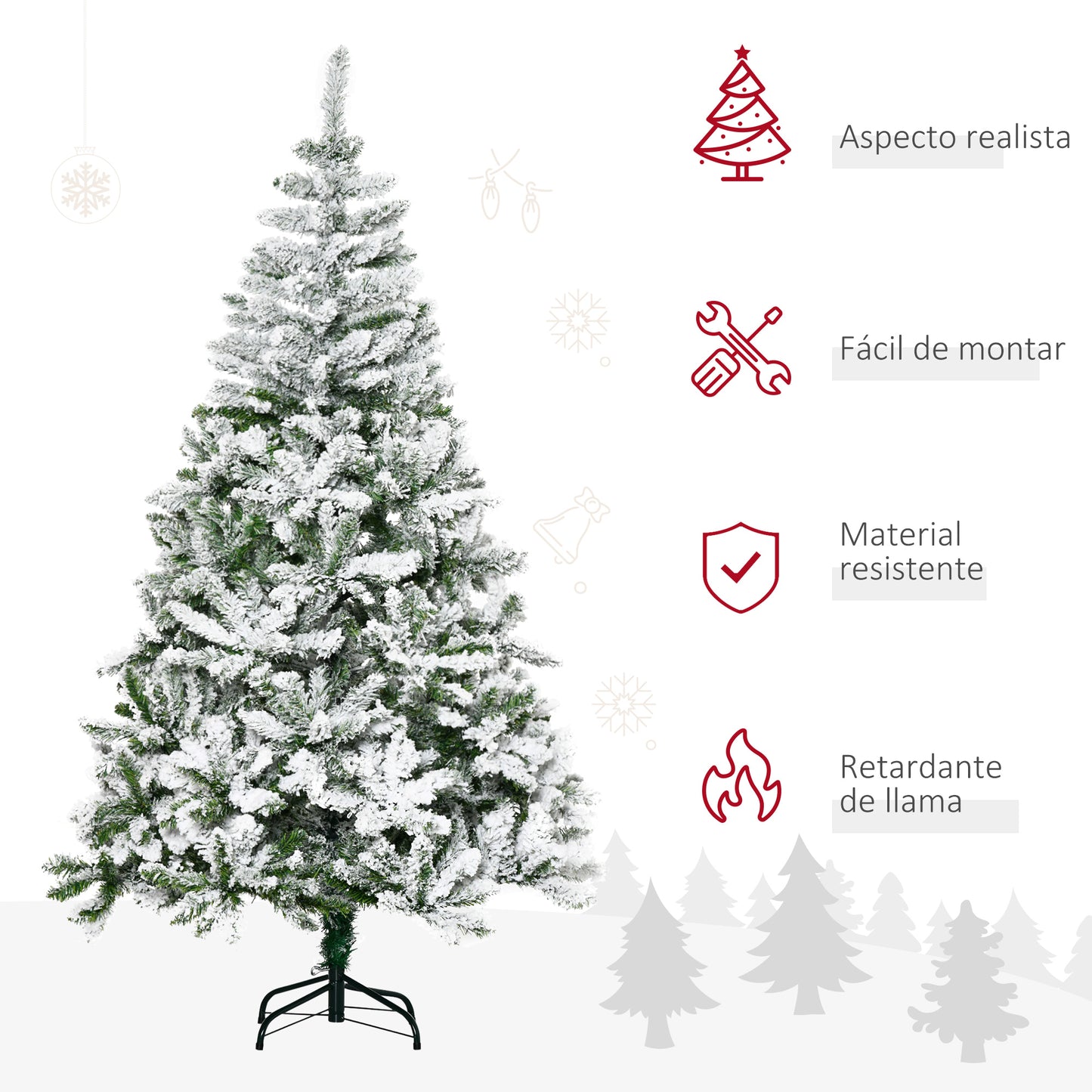 HOMCOM Árbol de Navidad Artificial 180 cm con Nieve Ignífugo con 750 Ramas Hojas de PVC Apertura Automática Base Plegable y Soporte Metálico Decoración Navideña para Interiores Verde