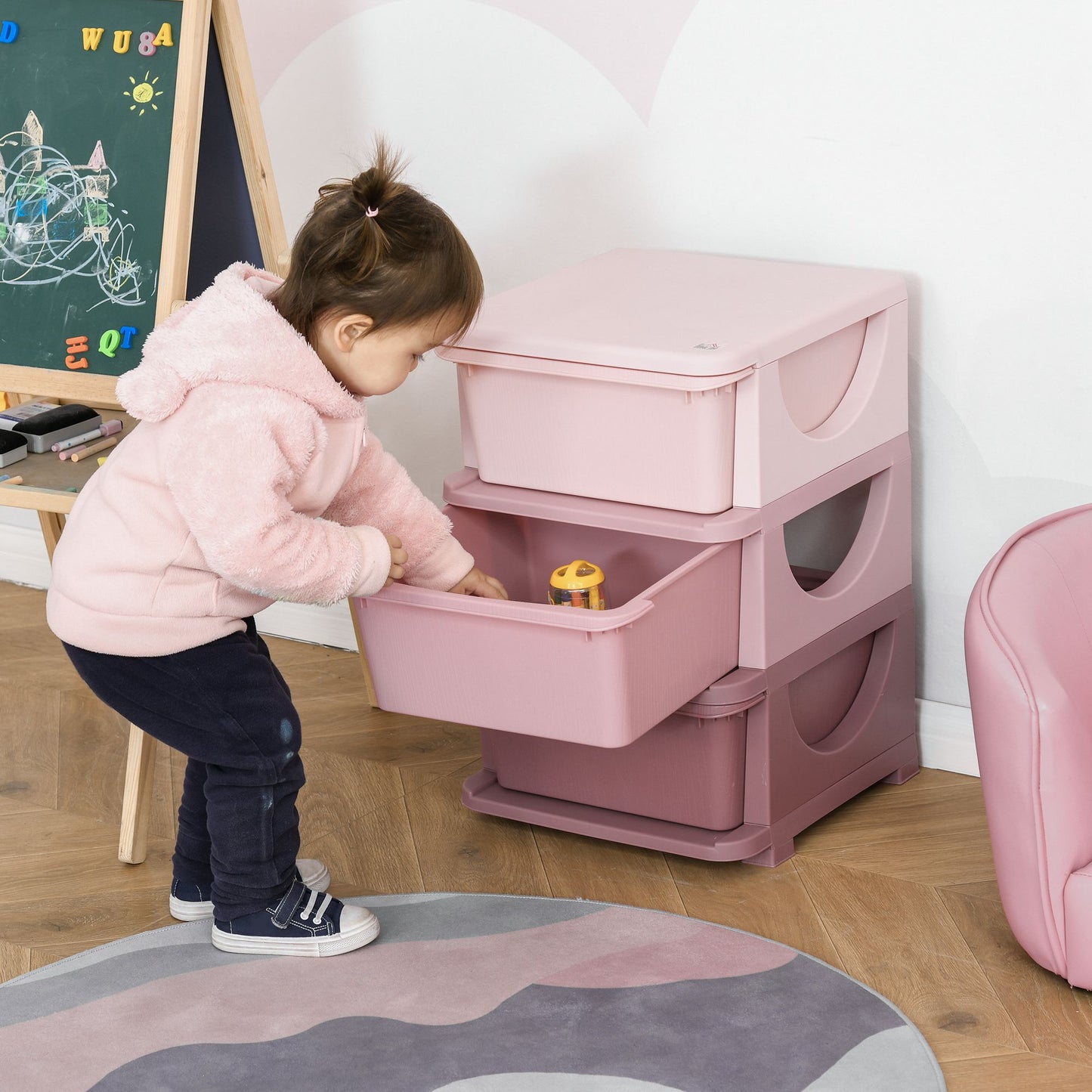 HOMCOM Torre de Almacenamiento Infantil con 3 Cajones Organizador de Juguetes para Niños +3 Años Gran Almacenaje con Asas para Juguetes Ropa Libros 37x37x56,5 cm Rosa