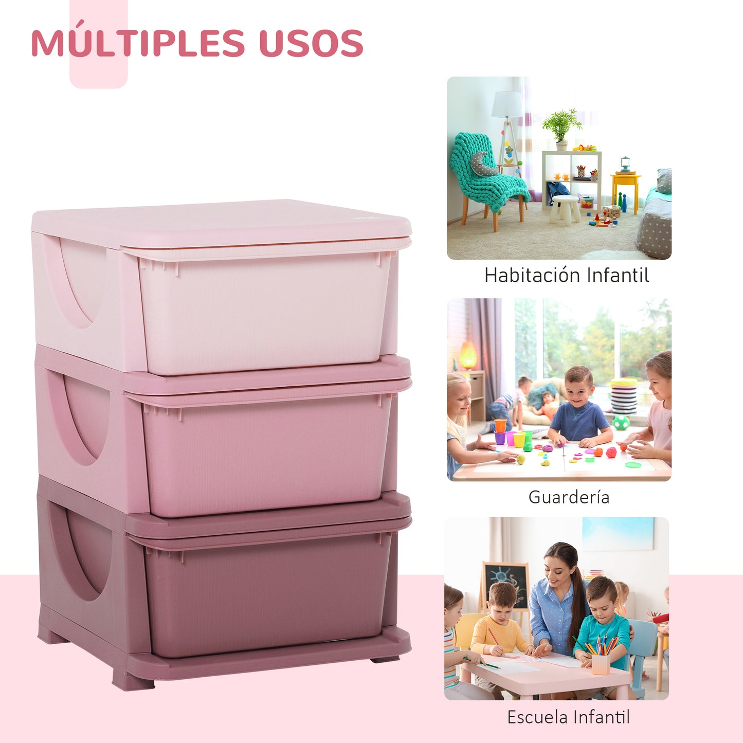 HOMCOM Torre de Almacenamiento Infantil con 3 Cajones Organizador de Juguetes para Niños +3 Años Gran Almacenaje con Asas para Juguetes Ropa Libros 37x37x56,5 cm Rosa