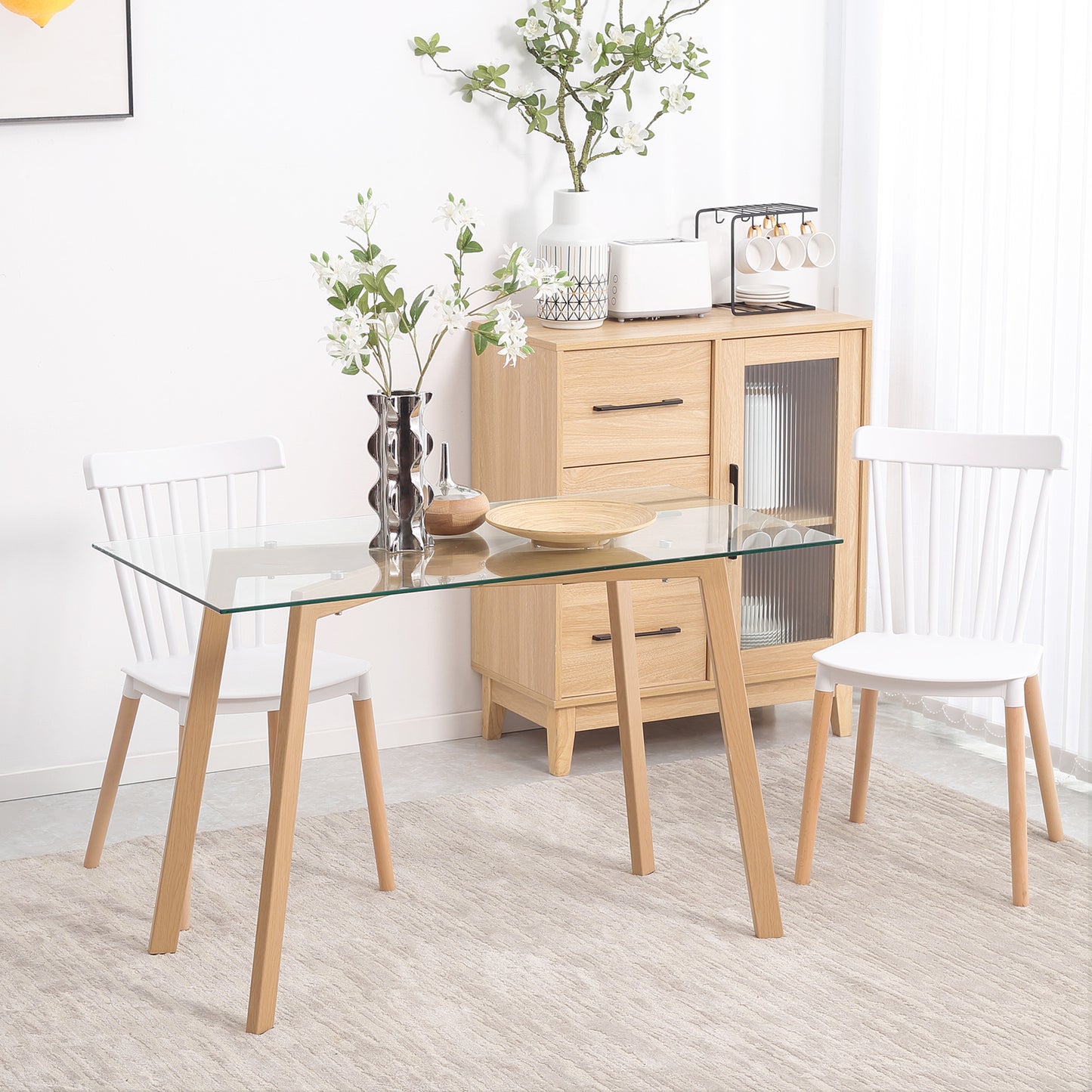 HOMCOM Mesa de Comedor para 4 Personas Mesa de Cocina Moderna con Tablero de Vidrio Templado y Patas de Acero con Efecto Madera para Salón 120x60x76 cm Transparente