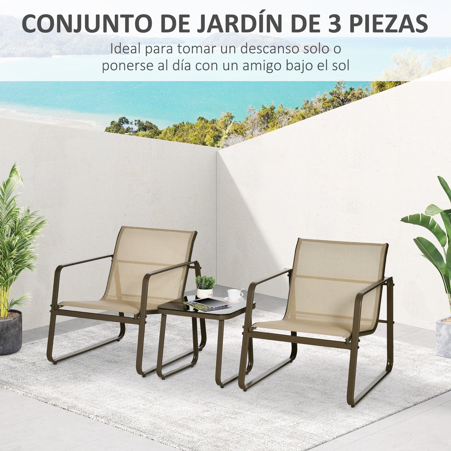 Outsunny Conjunto de Muebles de Jardín 3 Piezas Muebles de Jardín Exterior Incluye 1 Mesa de Vidrio Templado y 2 Sillas con Reposabrazos y Respaldo Transpirable para Terraza Balcón Caqui