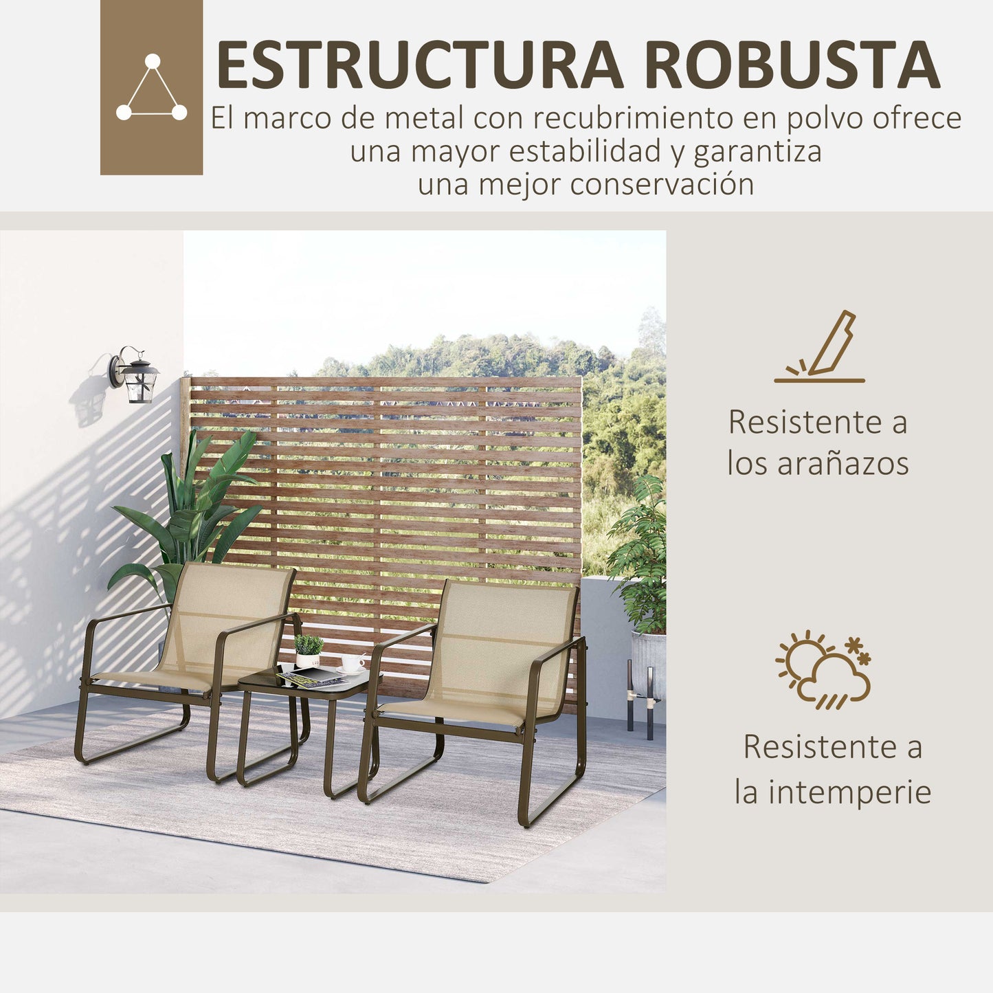 Outsunny Conjunto de Muebles de Jardín 3 Piezas Muebles de Jardín Exterior Incluye 1 Mesa de Vidrio Templado y 2 Sillas con Reposabrazos y Respaldo Transpirable para Terraza Balcón Caqui