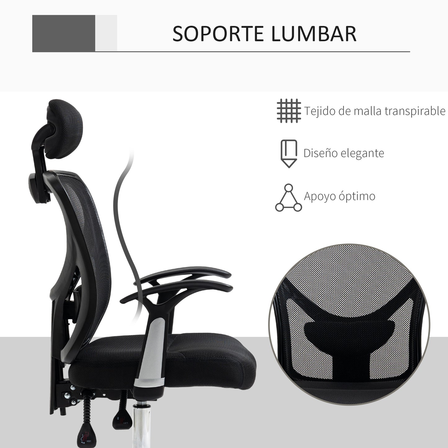 Vinsetto Silla de Oficina Ergonómica Silla de Malla con Altura Ajustable Función Reclinable Reposacabezas Regulable y Soporte Lumbar 62x67x108-118 cm Negro