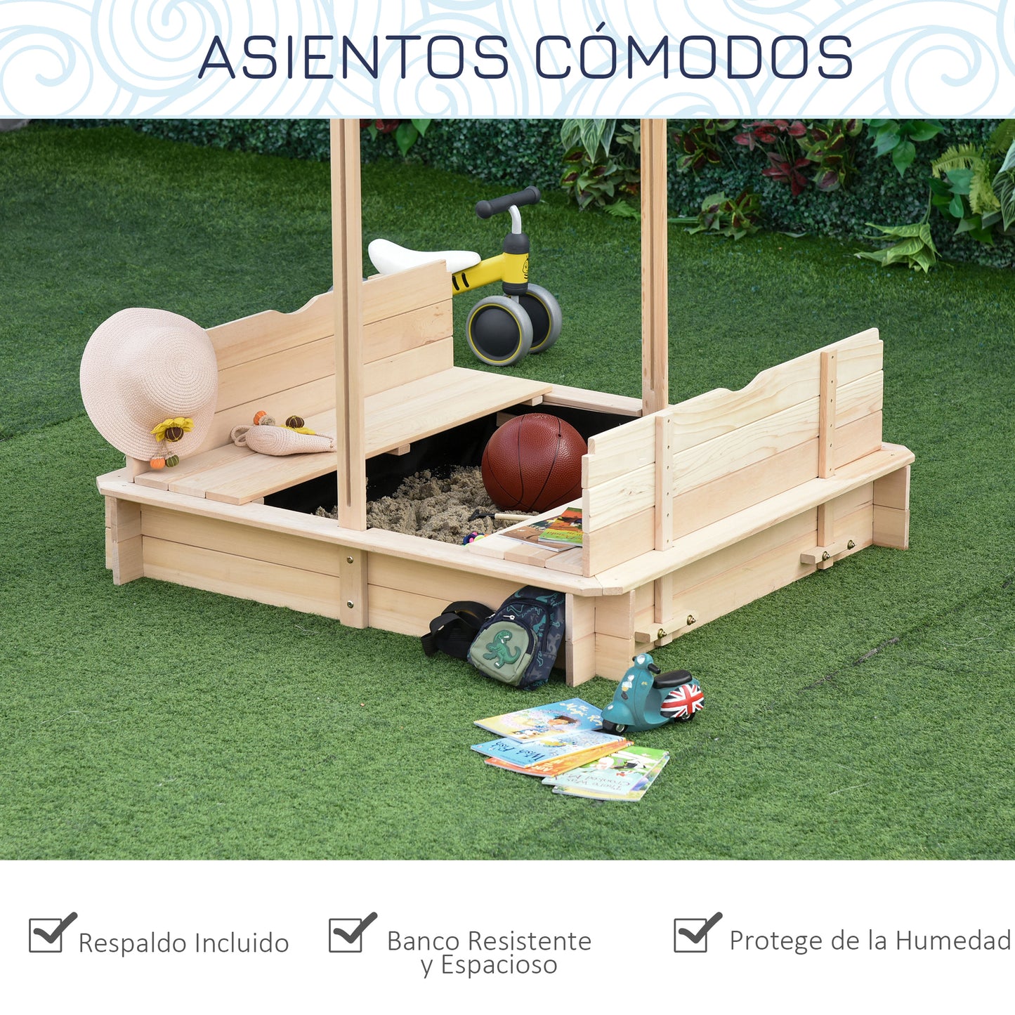 Outsunny Arenero para Niños de Madera Arenero Infantil con Toldo Ajustable en Altura 2 Bancos y Respaldos Desmontables para Patio Jardín 106x106x121 cm Madera Natural