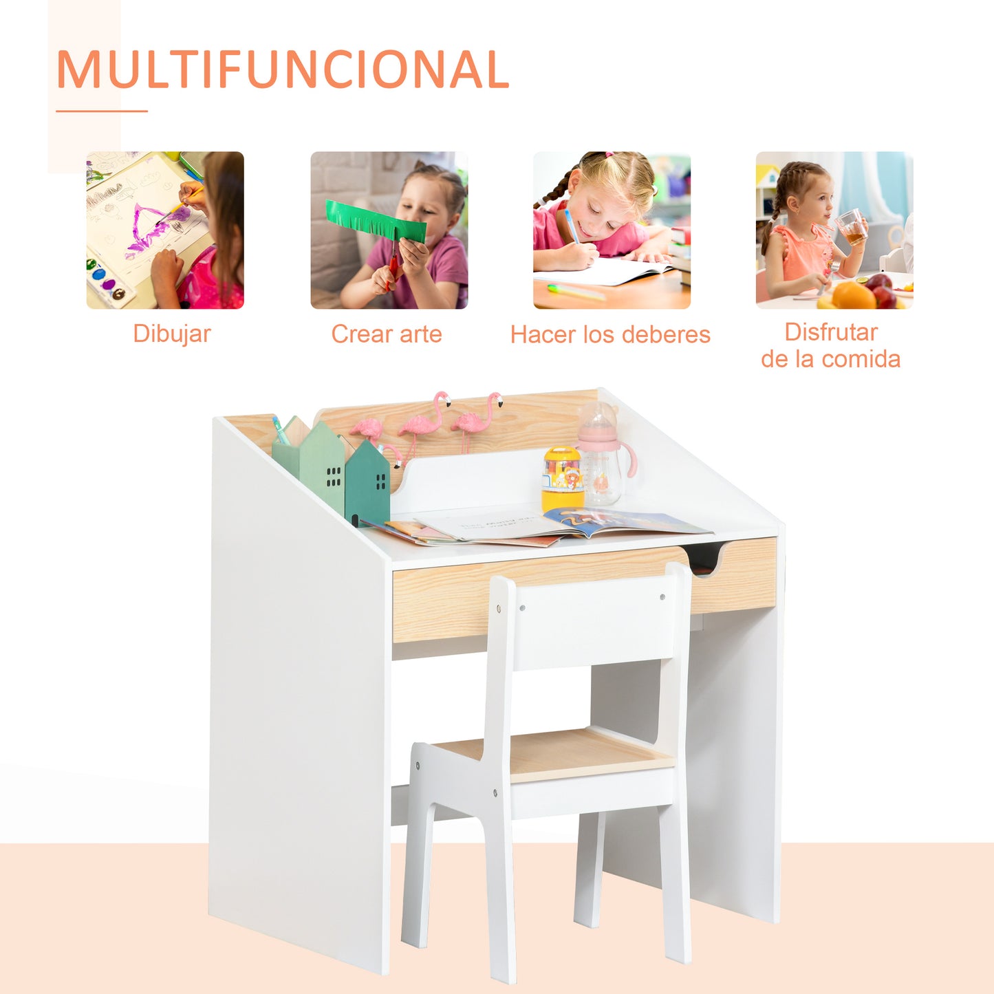 HOMCOM Escritorio para Niños con Silla de 3 a 6 Años Pupitre Infantil 2 en 1 Conjunto de Escritorio 2 Piezas con Cajón y Eatantes de Libros 70x50x75 cm Blanco y Natural