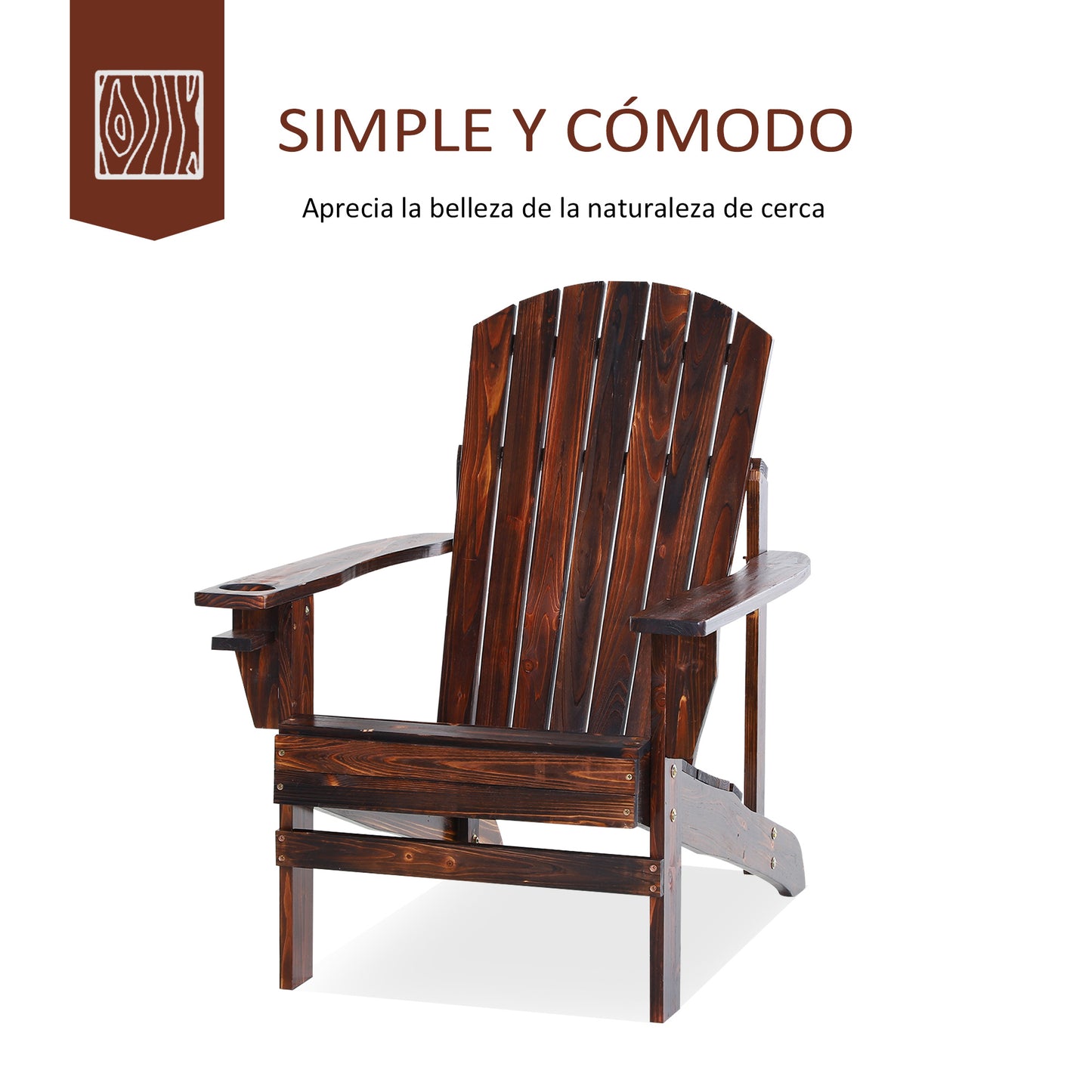 Outsunny Silla Adirondack de Madera Silla de Jardín con Reposabrazos y Respaldo Alto para Terraza Balcón Exterior 72,5x97x93 cm Marrón