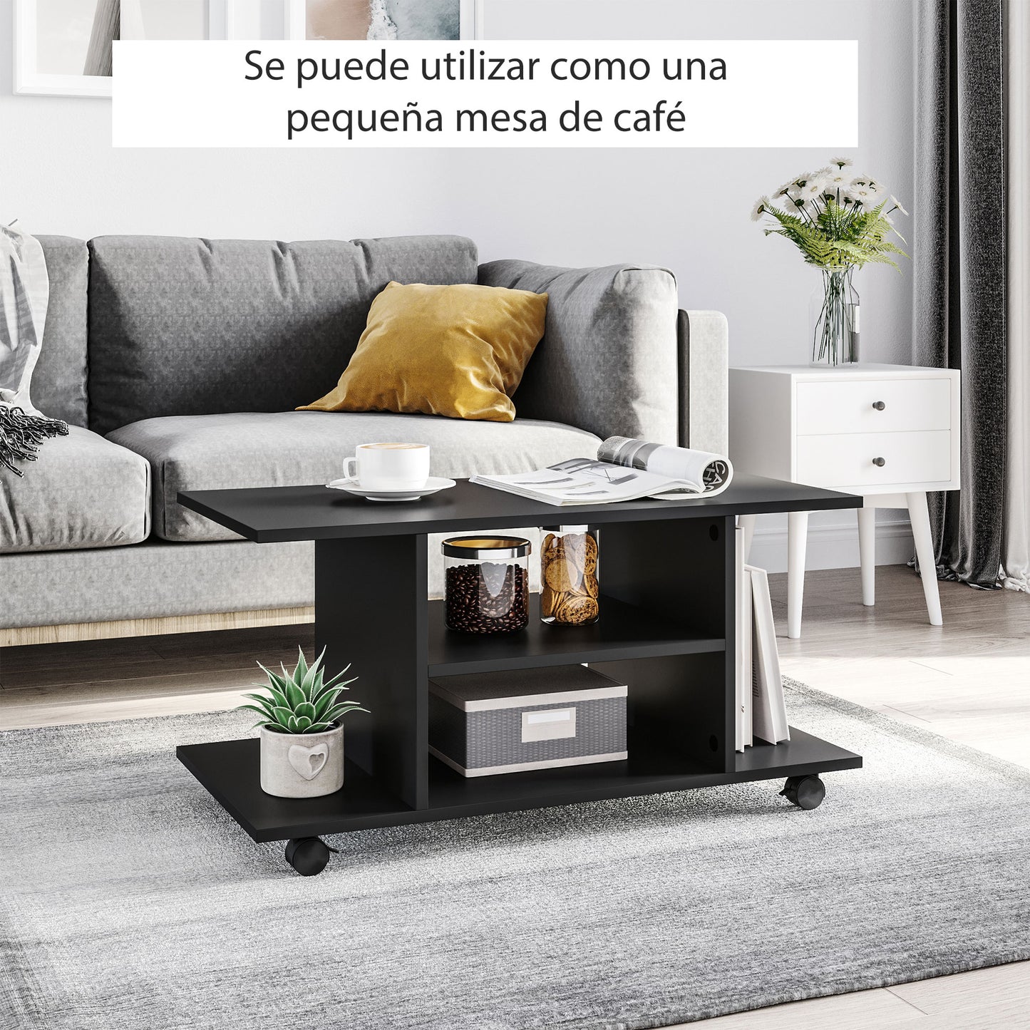 HOMCOM Mueble para Televisión Mesa para TV con Estantes y Ruedas con Bloqueo Superficie de Melamina 80x40x40 cm Negro