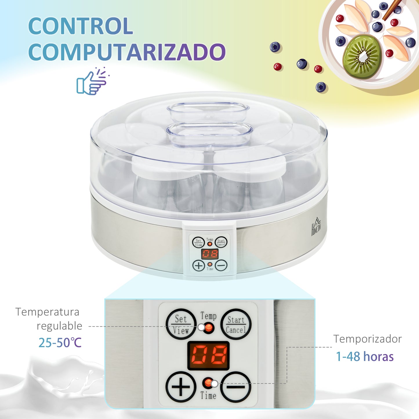 HOMCOM Yogurtera 20W Capacidad 1,26L Máquina de Yogur con 7 Tarros de Cristal de 180 ml Termostato Ajustable Temporizador de 1-48 Horas y Pantalla LED 24x24x13 cm Blanco