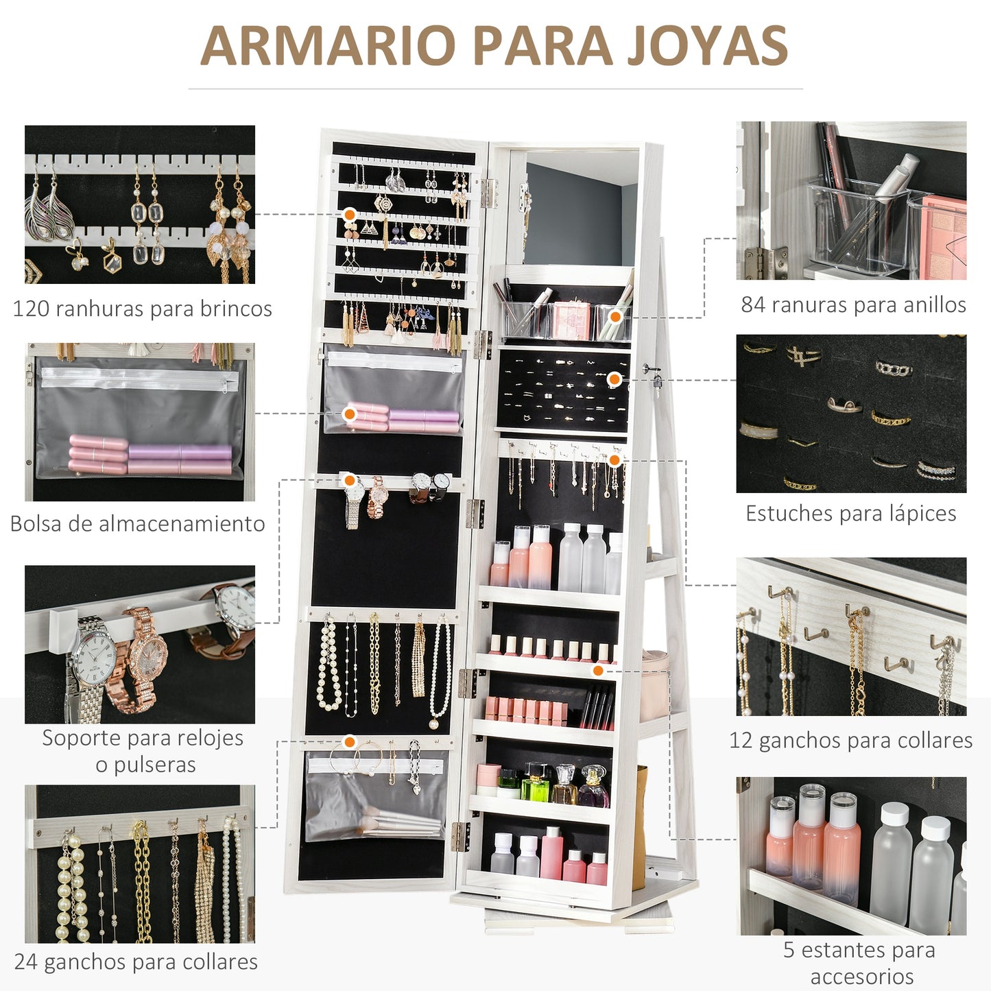 Espejo Decorativo Giratorio Con Joyero,madera Color Blanco