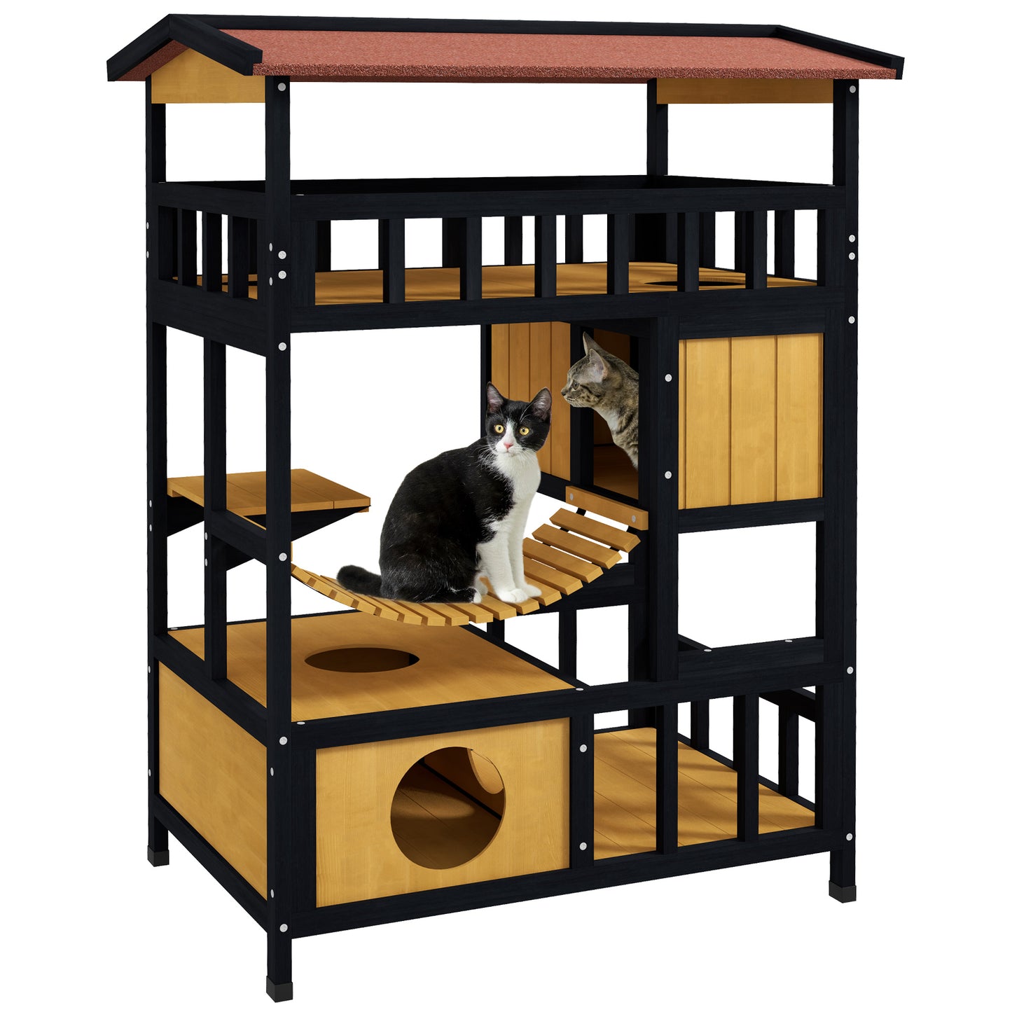 PawHut Casa para Gatos de Madera 84x60x116 cm Caseta para Gatos de 4 Niveles Refugio para Gatos con Puente Colgante Balcón y Techo Asfáltico para Exterior e Interior Natural