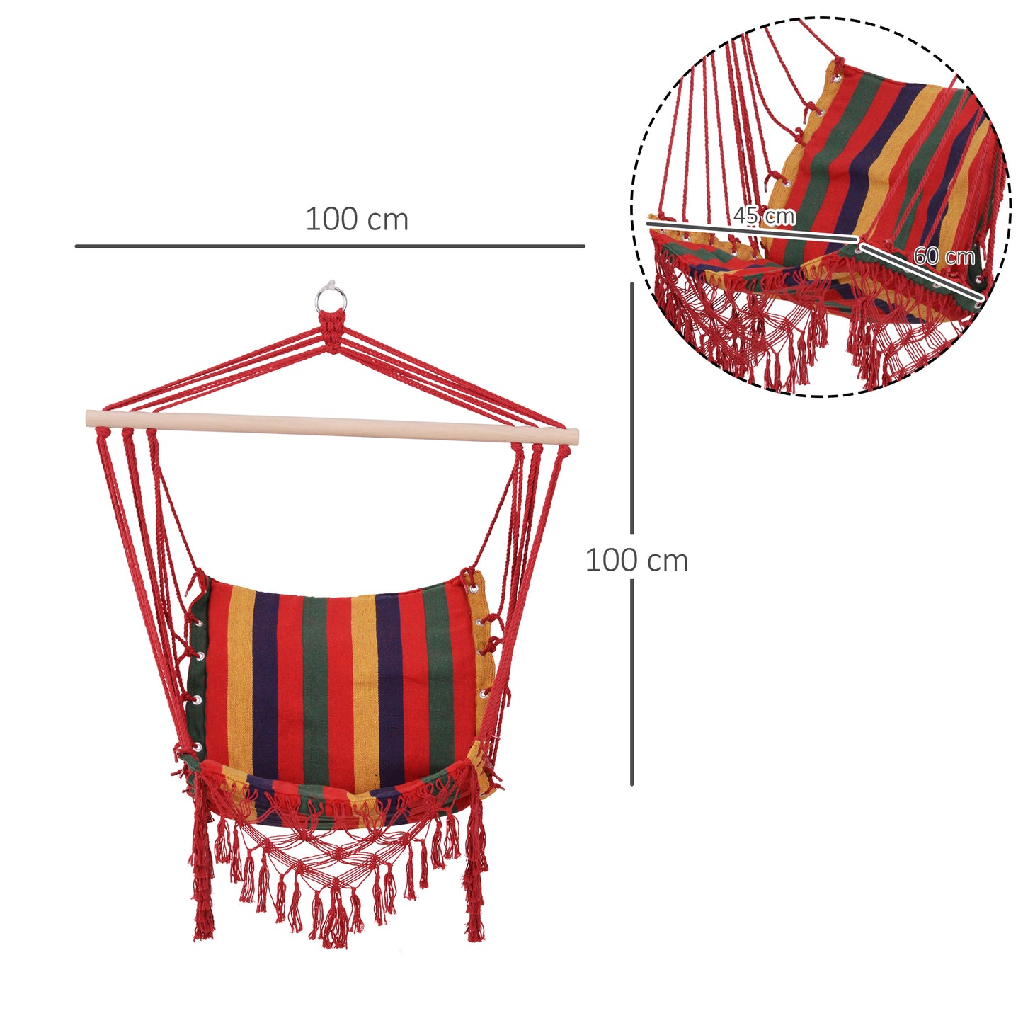 Outsunny Silla Hamaca Colgante Tejido de Algodón Poliéster Carga 100 kg Sillón Colgante para Interior Exterior Terraza 100x60x100 cm Multicolor