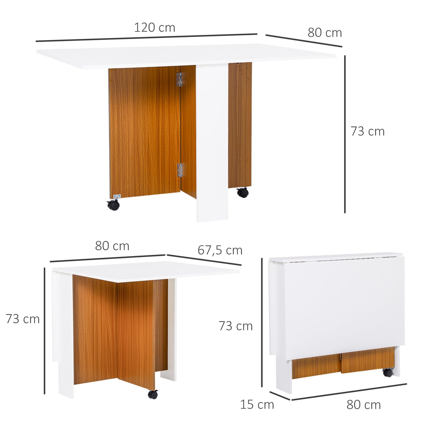 HOMCOM Mesa de Comedor Plegable con Ruedas Mesa de Cocina Plegable Mesa Auxiliar Multifuncional con 2 Alas Abatibles 120x80x73 cm Blanco y Teca