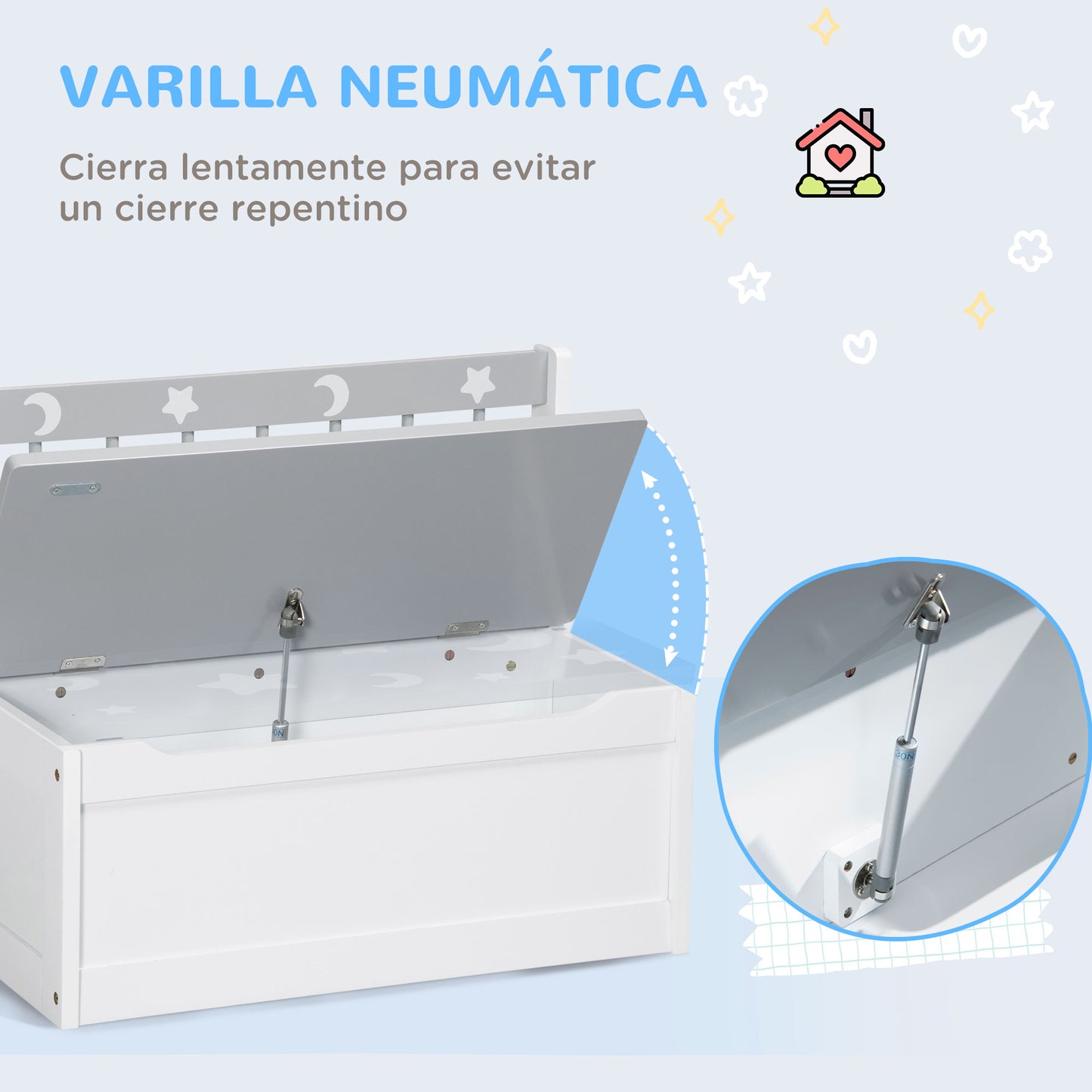 ZONEKIZ 2 en 1 Baúl de Juguetes para Niños de +18 Meses Banco de Almacenaje Infantil con Tapa de Cierre para Dormitorio Sala de Juego Carga 50 kg 60x30x50 cm Gris y Blanco