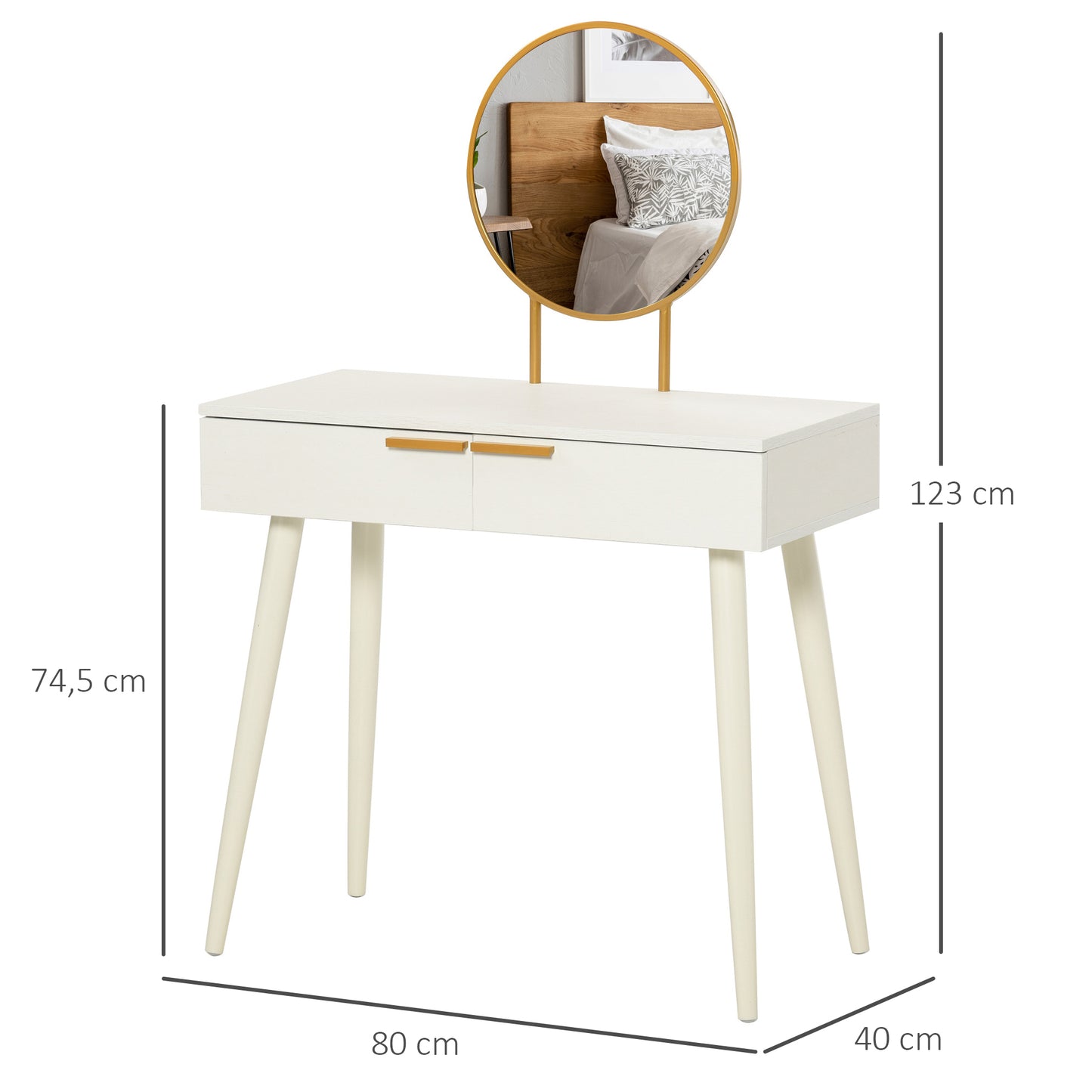 HOMCOM Tocador con Espejo Redondo Mesa de Maquillaje con 2 Cajones Estilo Moderno para Dormitorio Vestuario 80x40x123 cm Blanco