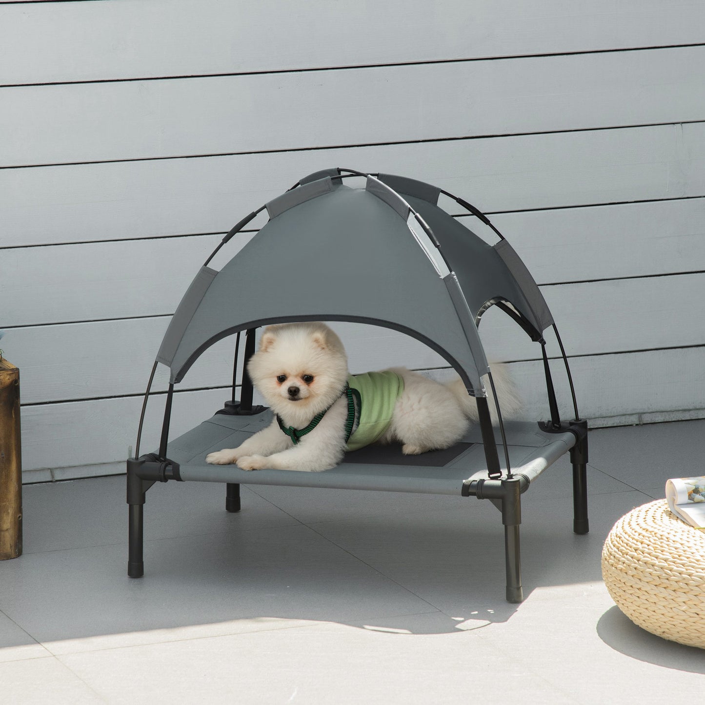 PawHut Cama Elevada para Mascotas Portátil con Toldo Extraíble Tela Transpirable al Aire Libre para Interior y Exterior 61x46x62 cm Gris