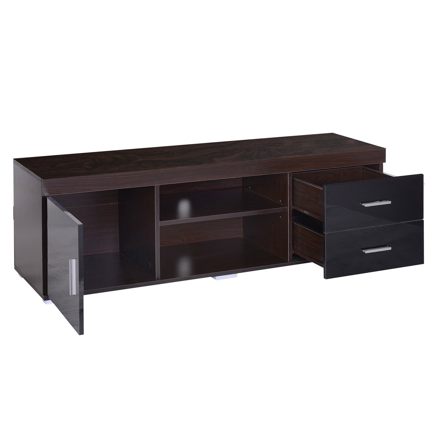 HOMCOM Mueble para TV Mesa para TV de Salón con Armario Cajones Estantes Abiertos Ajustable de 3 Niveles Soporte de Televisor Diseño Clásico Carga 80 kg 140x40x45 cm Café