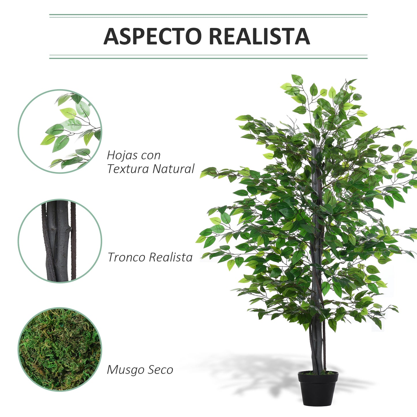 Outsunny Planta Artificial Ficus Artificial de 145 cm con 756 Hojas y Maceta para Decoración Interior y Exterior Ø20x145 cm Verde